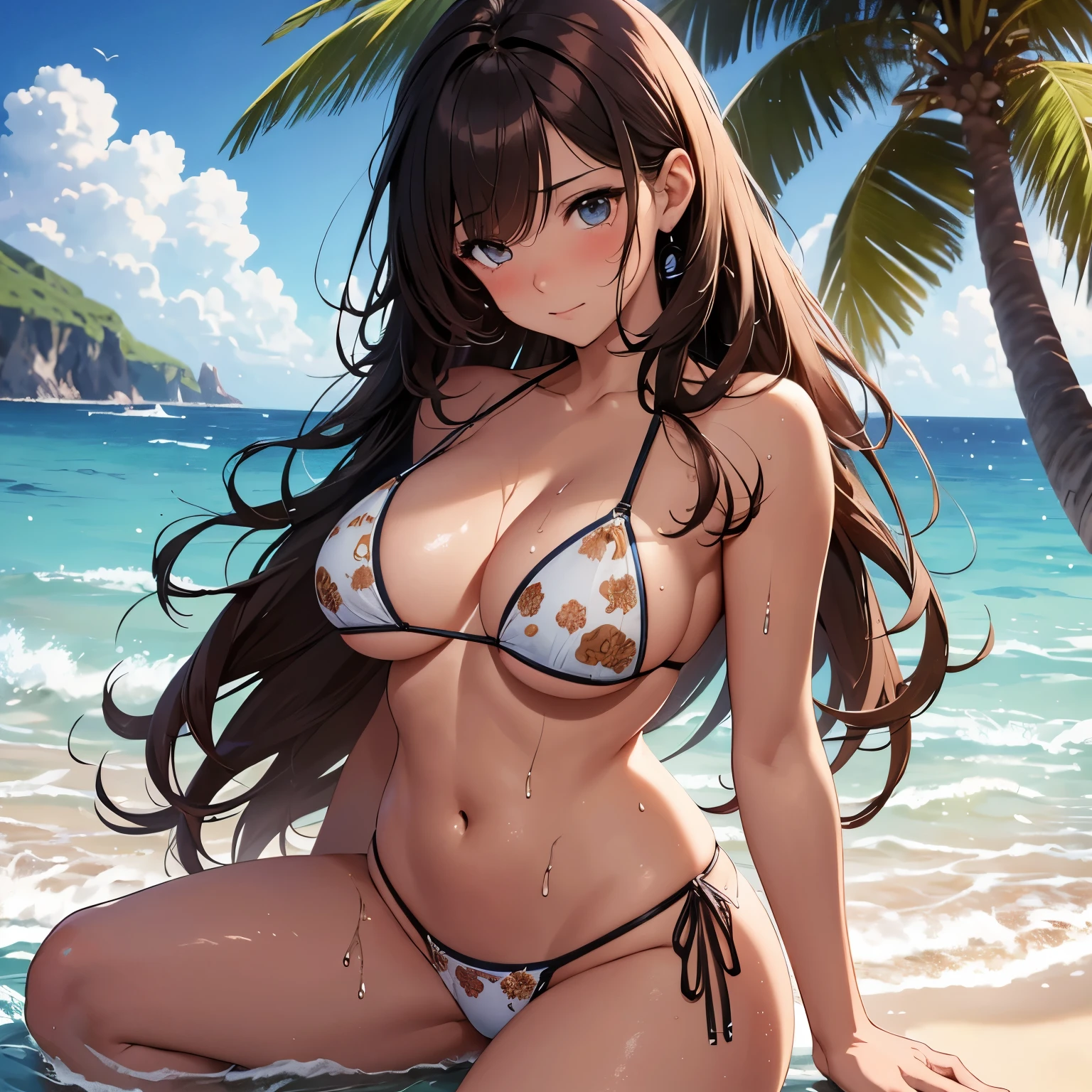 (Master piece), (best quality), (ultra detailed), high quality, highest details, ultra hd, beach, 1girl, medium brown hair, wet, bikini, nartural shadow, large breast, large butt, blushing face, closed mouth, solo, perfect body, 8k, blue sky.