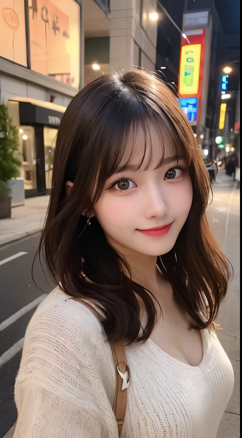 table top, highest quality, shape, Super detailed, finely, High resolution, 8k wallpaper, perfect dynamic composition shape, beautiful and detailed eyes, winter dress,medium hair, small breasts, natural color lip, random sexy pose,smile,big city、20 year old girl、midnight、beautiful and detailed face、perfect and beautiful face,Big eyes