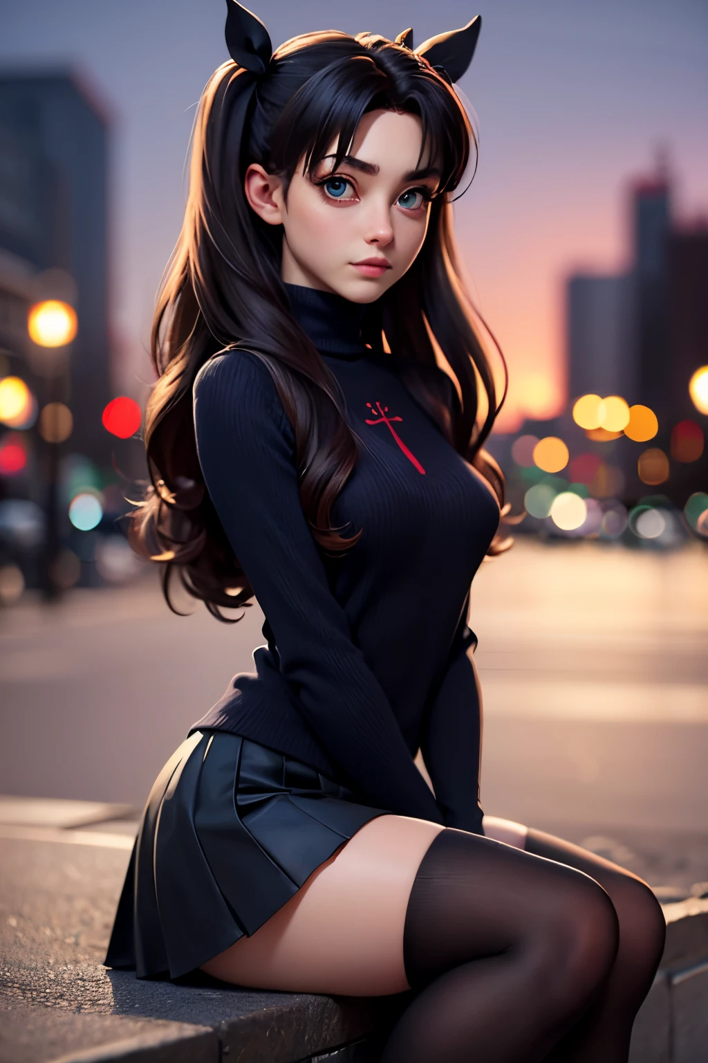 (masterpiece), best quality, expressive eyes, perfect face, 1girl, solo, rintohsaka, rin tohsaka, aqua eyes, black hair, hair ribbon, long hair, ribbon, sidelocks, two side up, black skirt, black thighhighs, long sleeves, miniskirt, pleated skirt, ((red sweater)), skirt, sweater, thighhighs, turtleneck, city background, sitting, character sheet, upper body, portrait, looking at viewer