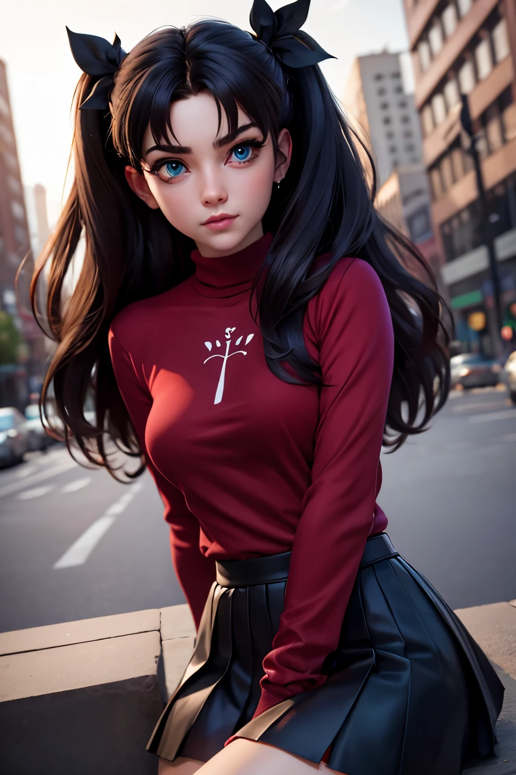 (masterpiece), best quality, expressive eyes, perfect face, 1girl, solo, rintohsaka, rin tohsaka, aqua eyes, black hair, hair ribbon, long hair, ribbon, sidelocks, two side up, black skirt, black thighhighs, long sleeves, miniskirt, pleated skirt, ((red sweater)), skirt, sweater, thighhighs, turtleneck, city background, sitting, character sheet, upper body, portrait, looking at viewer