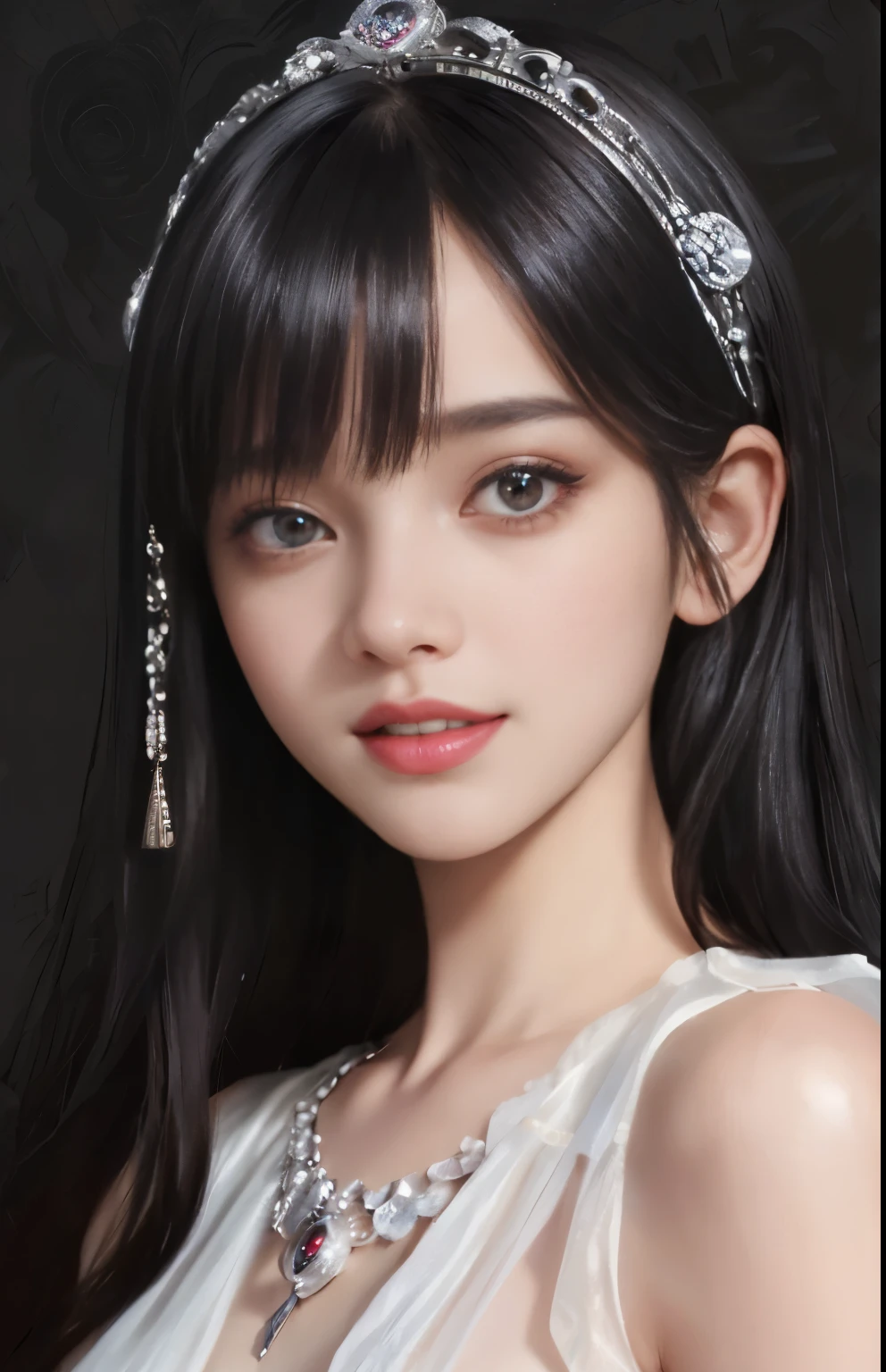 (surreal), (shape), (Improved resolution), (8k), (very detailed), (Best shape), (beautiful and detailed eyes), (highest quality), (Super detailed), (masterpiece ), ( wallpaper), (detailed face), 1 girl, 17 years old, white dress, Large and loose chest, looking at the viewer, small details, detailed face, in the dark, deep shadow, private key, Pure erotic face ace_v1, smile, long hair, black straight hair , 46 point diagonal bangs