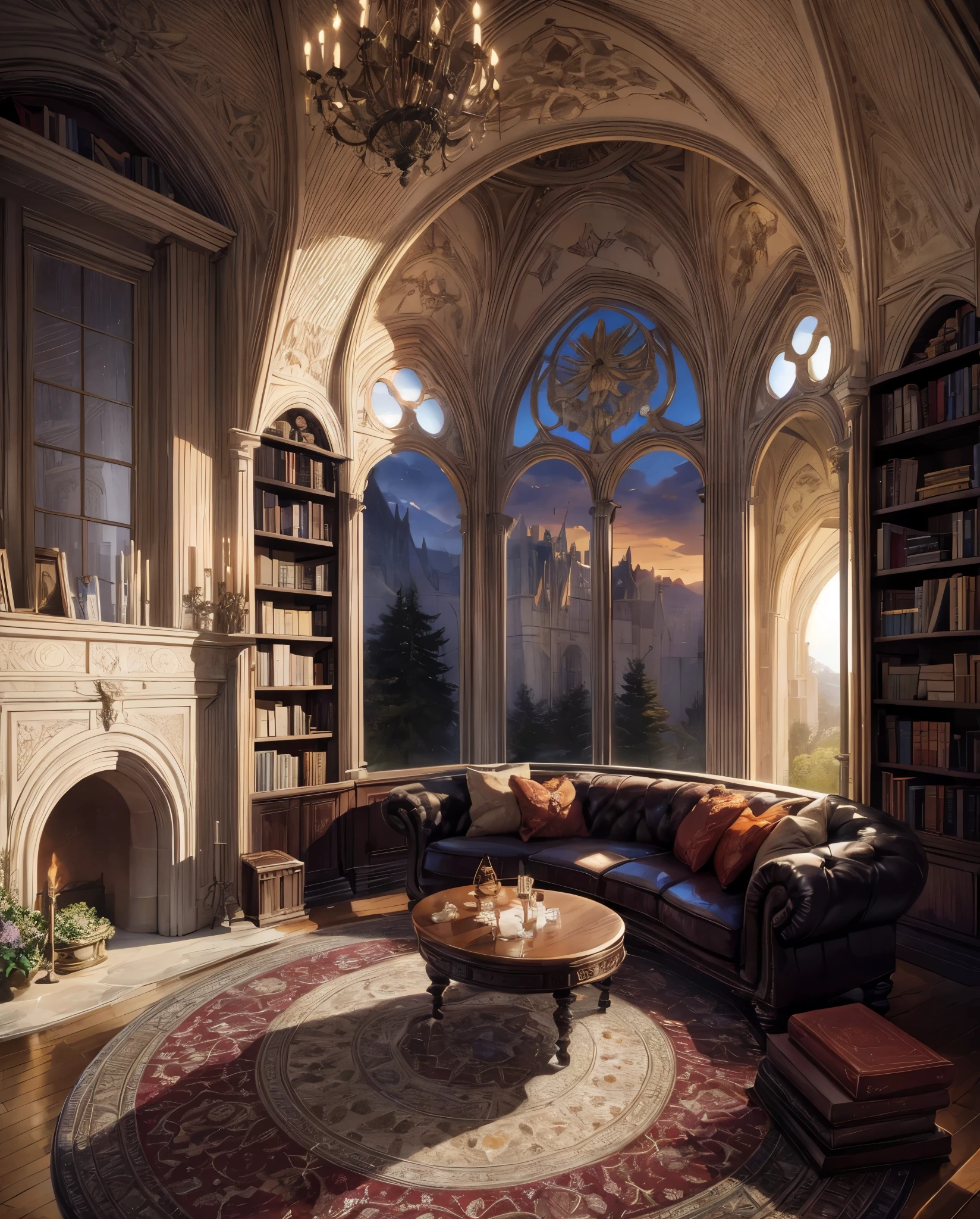 ((Best quality)), ((Masterpiece)), ((ultra detailed)), (Illustration), (Detailed light), castle room, with fireplace, bookcases, , Gothic interior, Stone walls, stone ceilings, stone floor, gothic castle, Stone Castle, white stone walls and ceiling, daytime lighting, bright daylight, outside the windows there is a daytime landscape with inverted mountains, high interior detail, cartoon style, anime style