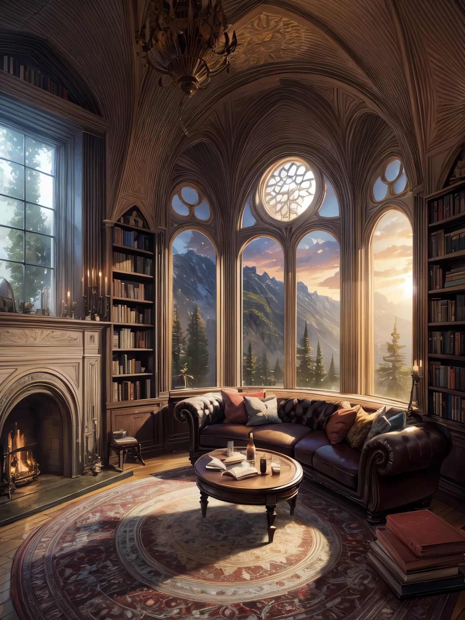 ((Best quality)), ((Masterpiece)), ((ultra detailed)), (Illustration), (Detailed light), castle room, with fireplace, bookcases, , Gothic interior, Stone walls, stone ceilings, stone floor, gothic castle, Stone Castle, white stone walls and ceiling, beautiful stonework, daytime lighting, bright daylight, high interior detail, cartoon style, anime style