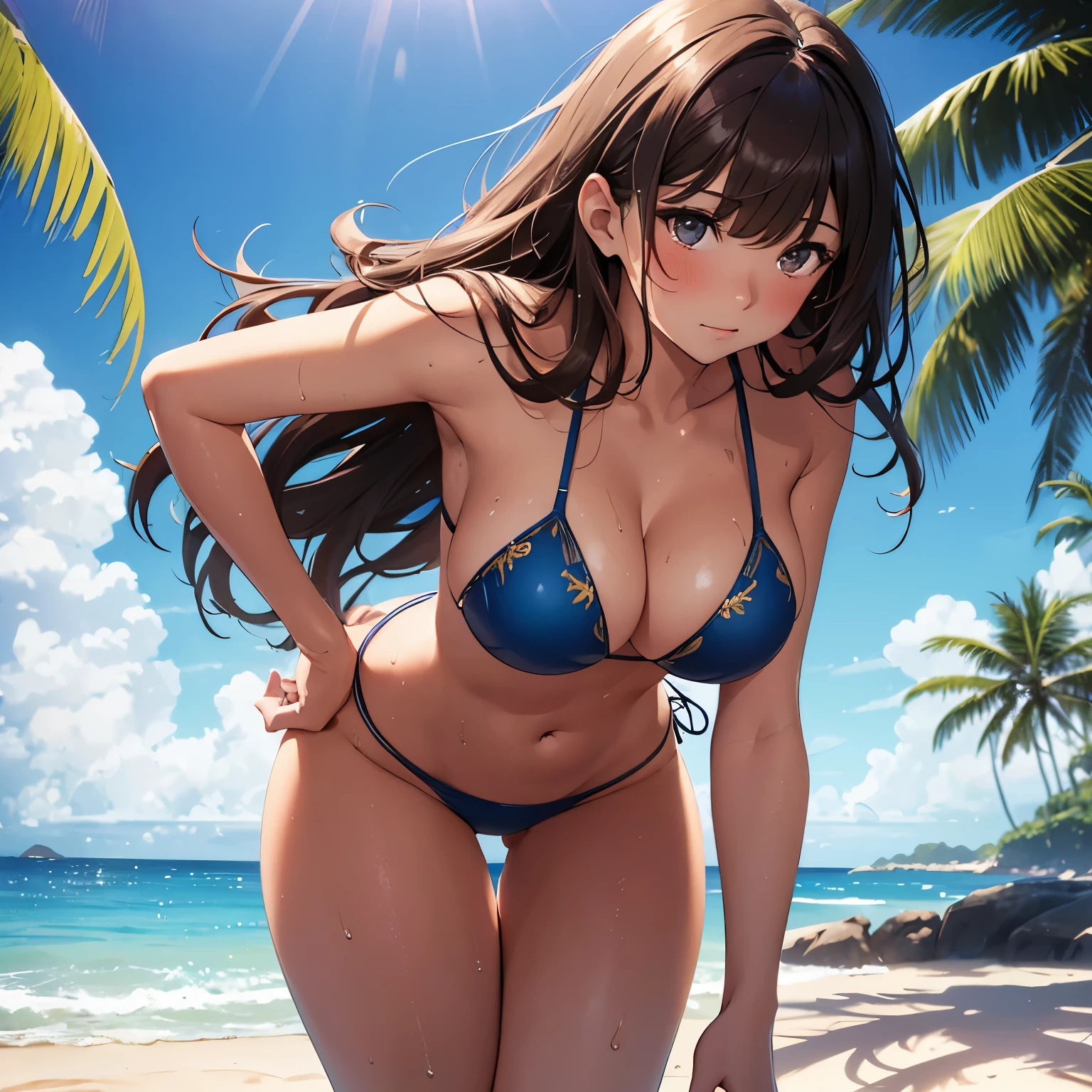 (Master piece), (best quality), (ultra detailed), high quality, highest details, ultra hd, beach, 1girl, medium brown hair, wet, bikini, nartural shadow, large breast, large butt, blushing face, closed mouth, solo, perfect body, 8k, blue sky.
