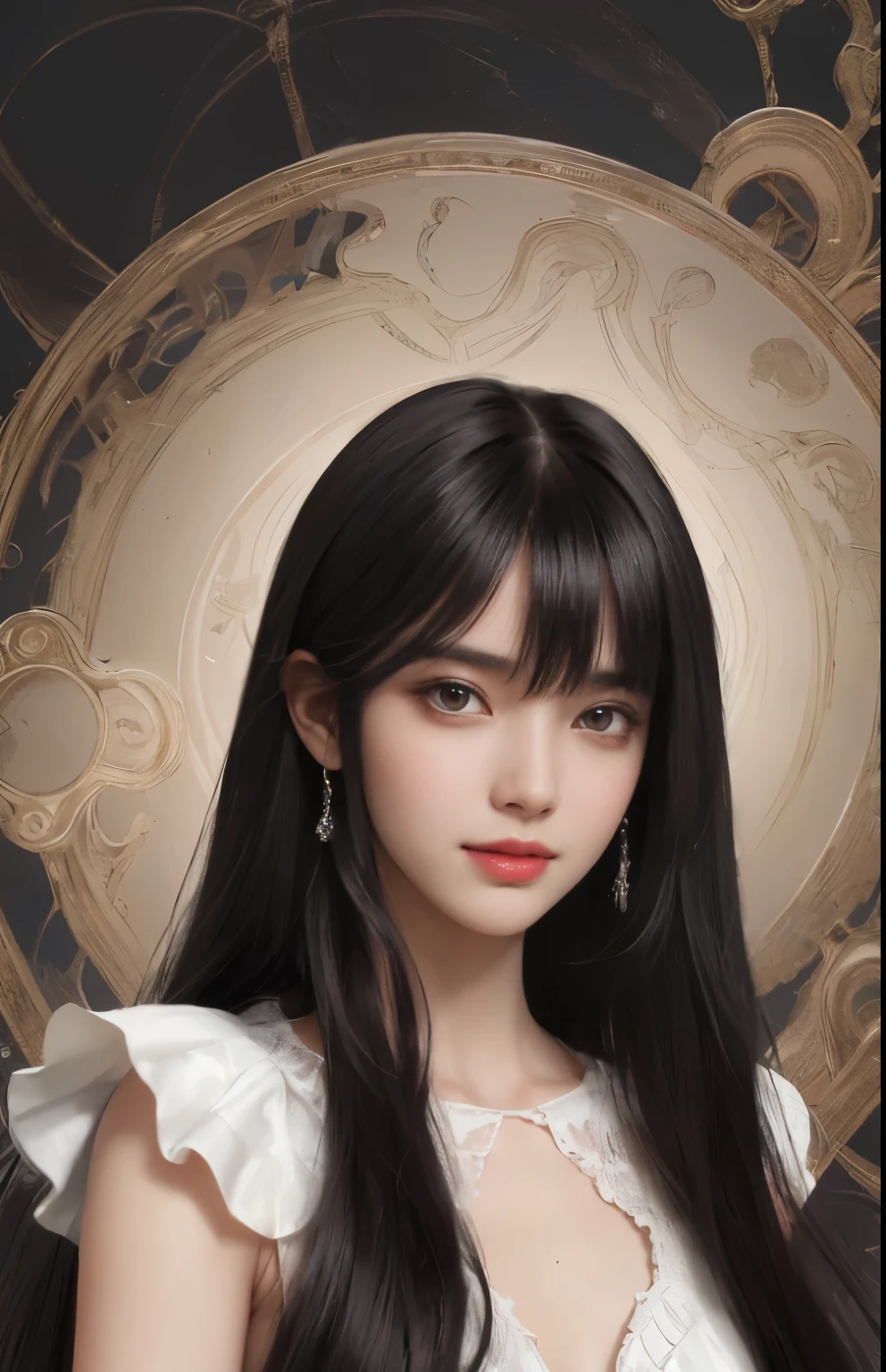 (surreal), (shape), (Improved resolution), (8k), (very detailed), (Best shape), (beautiful and detailed eyes), (highest quality), (Super detailed), (masterpiece ), ( wallpaper), (detailed face), 1 girl, , white dress, Large and loose chest, looking at the viewer, small details, detailed face, in the dark, deep shadow, private key, Pure erotic face ace_v1, smile, long hair, black straight hair , 46 point diagonal bangs