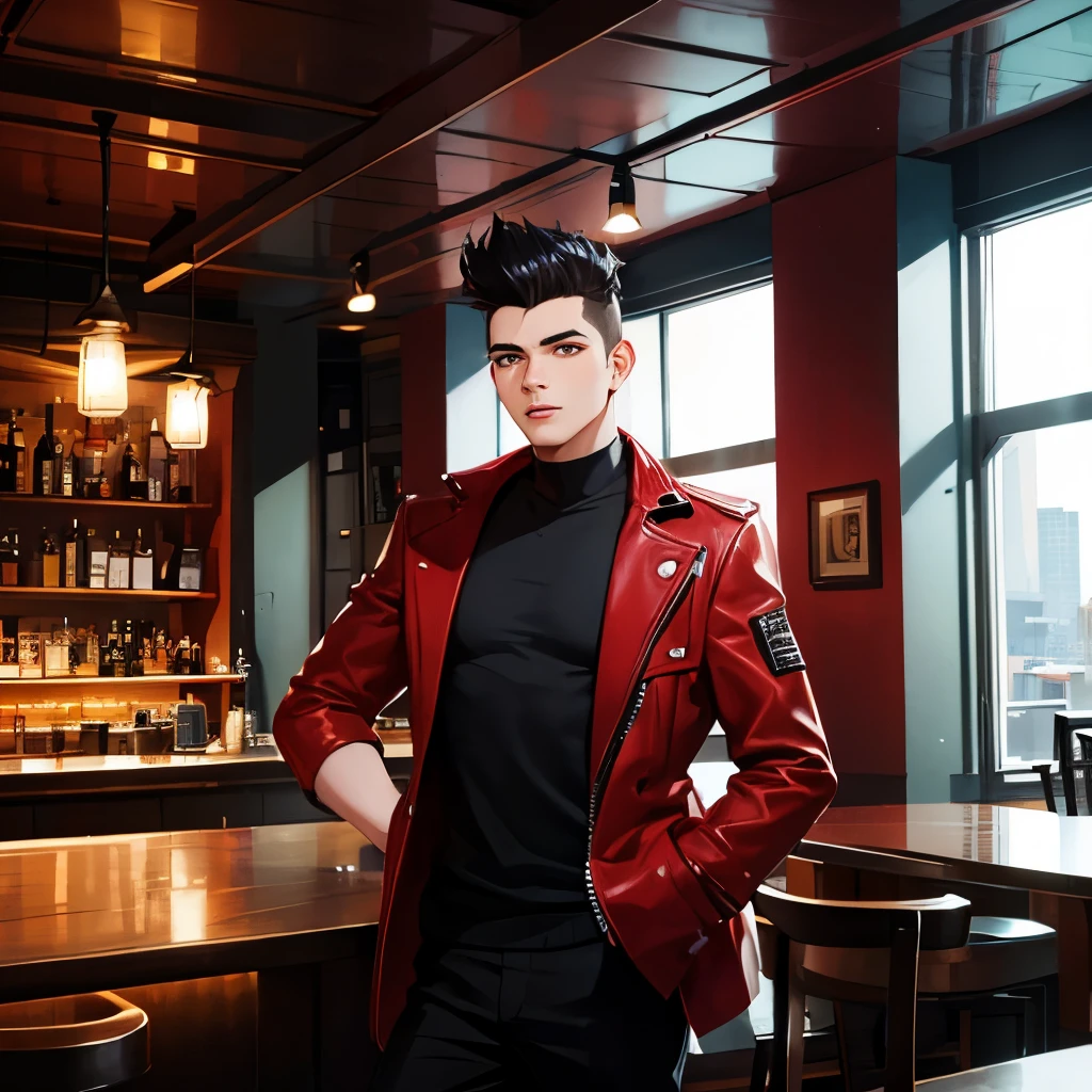 Young man, black quiff hair, red jacket, interior pub background, half body