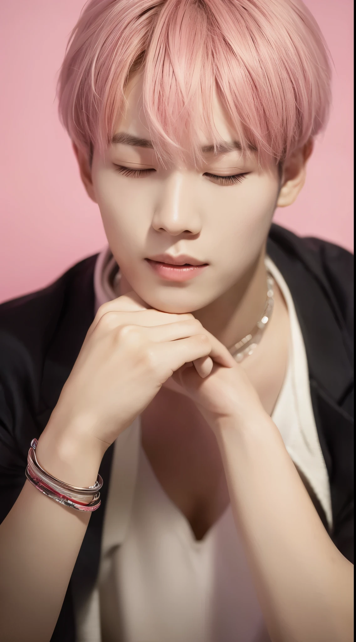 8K,one Korean male model ,Unique hair details , short hair, white background, Pink hair,K-pop,smile, soft light, closed eyes, shut his eyes,