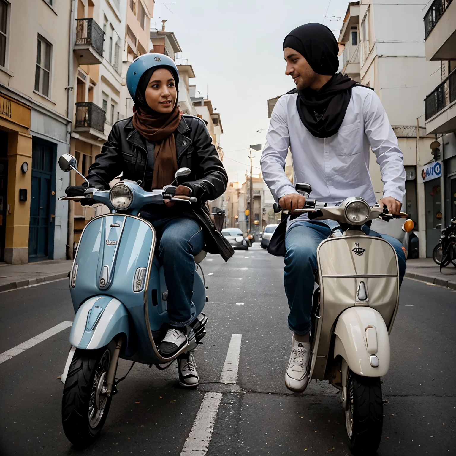 A man and a woman wearing hijabs are riding a Vespa together.