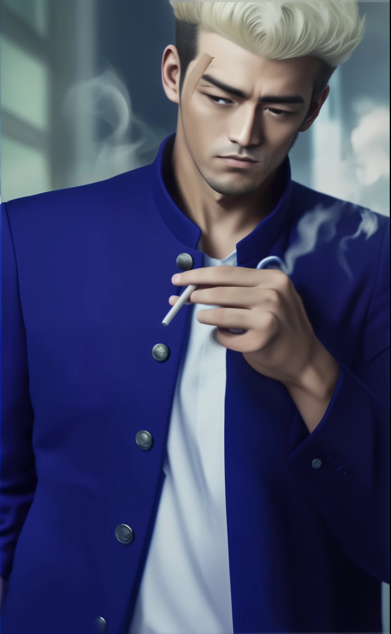 Portraitจริง shot of man in silk blue gakuran uniform with cigarett  ,It has a detailed modern and elegant office background.,  ) ,(best quality,4k,8k,height,Masterpiece:1.2),very detailed,(realistic,photorealistic,photo-realistic:1.37),HDR,UHD,studio lighting,ภาพที่very detailed,Sharp focus,Physical rendering,Very detailed explanation,professional,bright colors, ,Portrait, style,ไฟสำนักงานbright colors