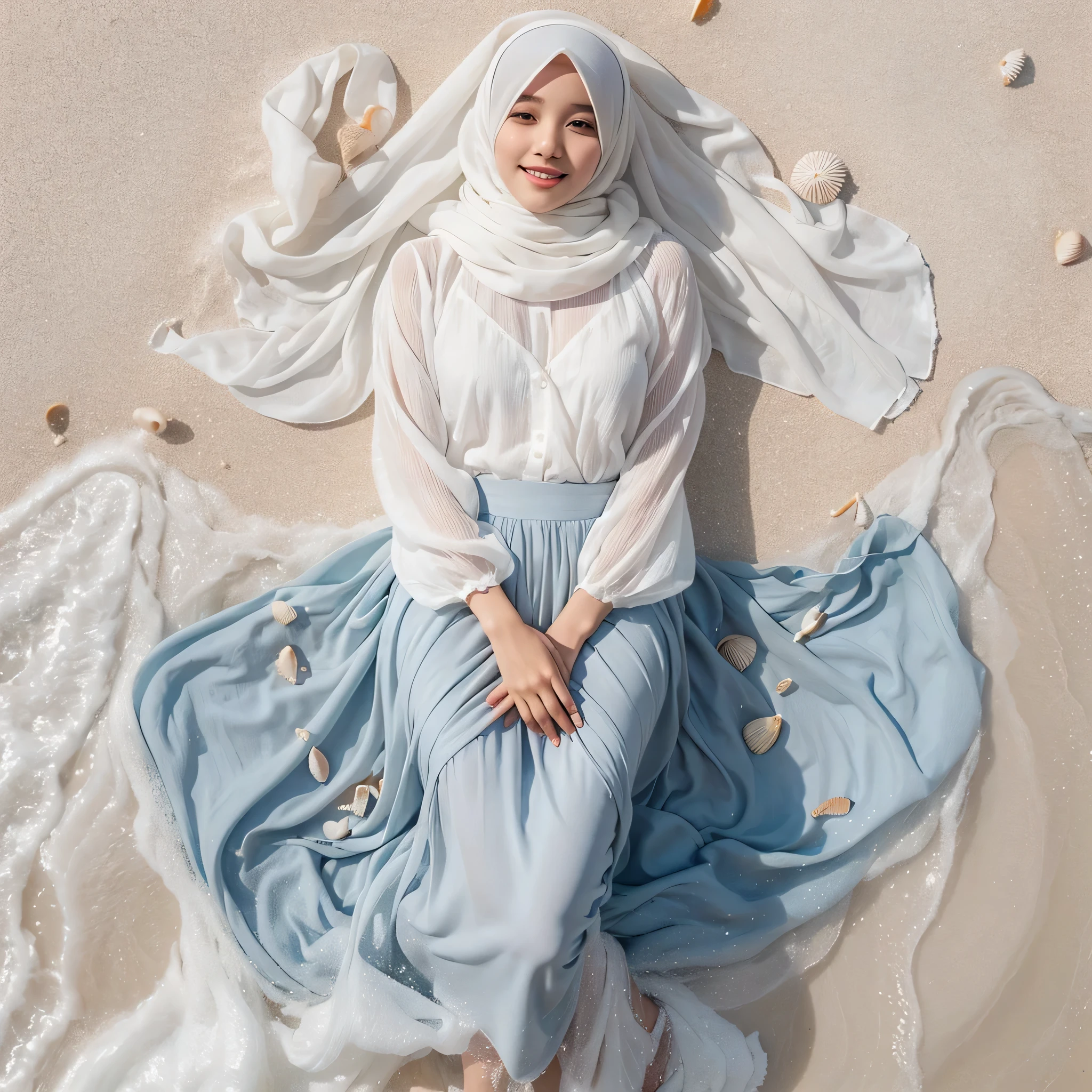 Generate img
TYPE : Beauty Photography
THEME : Natural 
RACE : Indonesian, young
PERSON 1 : Early 20s, woman hijab
SCENE : outdoor , a woman is lying on White sand beach , body and hair covered by sea waves, lie up , open eyes , smile , cute expression , surrounded by white sand and sea water, small shells. The person is wearing a white blouse and a light blue long skirt that full covers her legs, and their white hijab is spread out around them. , half body view , water effect , water splash
PROPS: white sand and sea water, small shells , long full closed skirt, white hijab made from shifon fabric
CAMERA : photographed using an Canon eos 90d DSLR camera with 18-135mm lens
, best preset lighting , skin texture , detailed face , 
ANGLE : angled from sky ,High Dynamic Range (HDR) shot , rule of third
adjust the gesture as in the example image