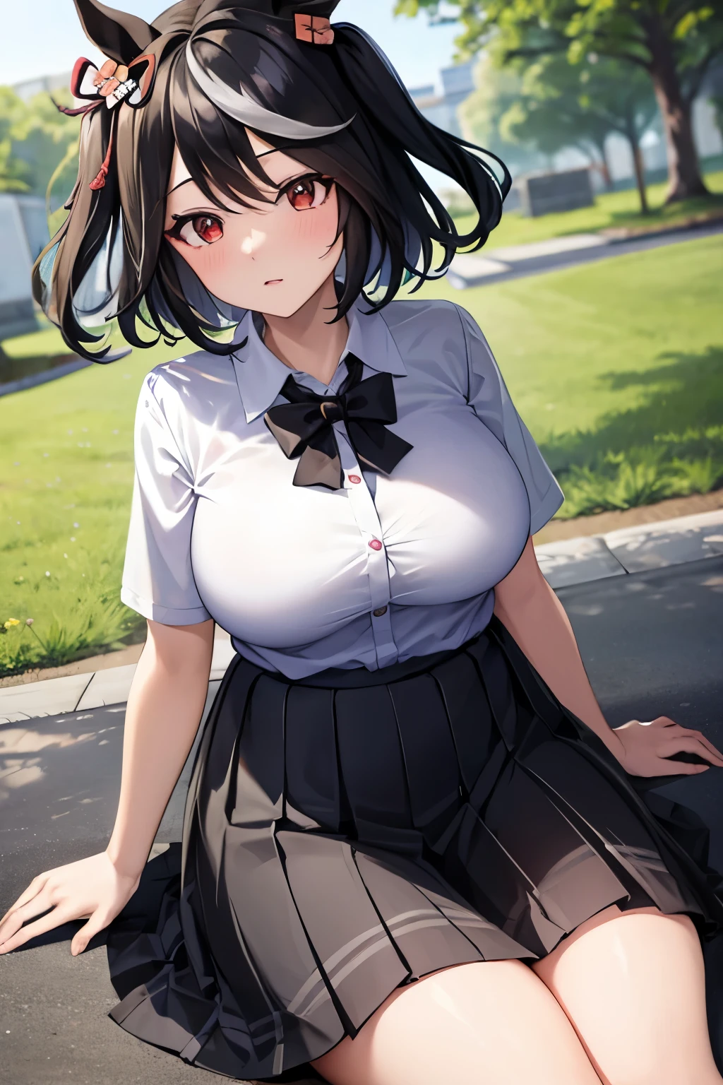 (((masterpiece))),(((high resolution)))、(((8K)))、(((perfect face)))、(((umamusume kitasan black)))、(((collared shirt)))、(((skirt)))、((knee socks))、big breasts、Plump、embarrassed expression、looking at the camera、NSFW