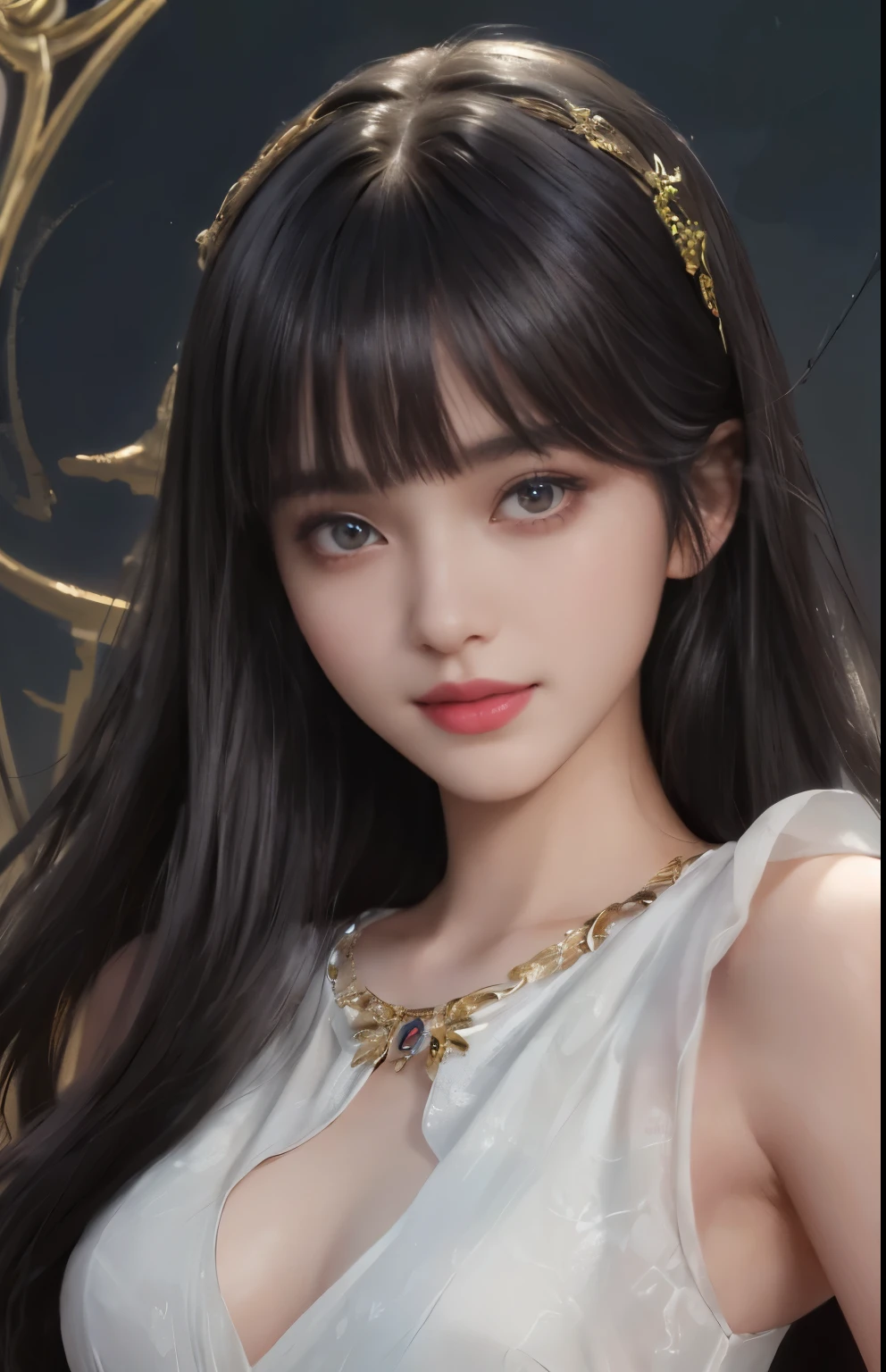 (surreal), (shape), (Improved resolution), (8k), (very detailed), (Best shape), (beautiful and detailed eyes), (highest quality), (Super detailed), (masterpiece ), ( wallpaper), (detailed face), 1 girl, , white dress, Large and loose chest, looking at the viewer, small details, detailed face, in the dark, deep shadow, private key, Pure erotic face ace_v1, smile, long hair, black straight hair , 46 point diagonal bangs