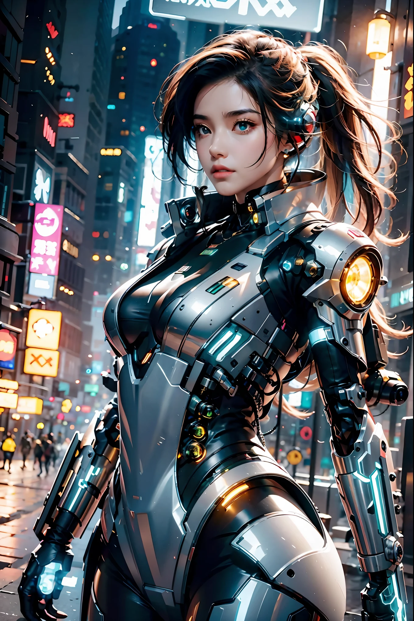 best quality,masterpiece,16k,1girl,blurry background,cyberpunk,cyborg,glowing,long hair,looking at viewer,Mechanical Hand,Silver metal mecha,Vertical yellow glowing stripes on the abdomen,Robot arm,Upper body,The forearm emits green light,outdoors,Abdominal and waist fabric clothing,Above the buttocks,Micro lateral body,With one hand resting on the shoulder,medium breasts,science fiction,solo,Mecha,Hard surface,Streamlined mecha,Realistic materials,Glowing mecha,Multi light source mecha,night,Urban background