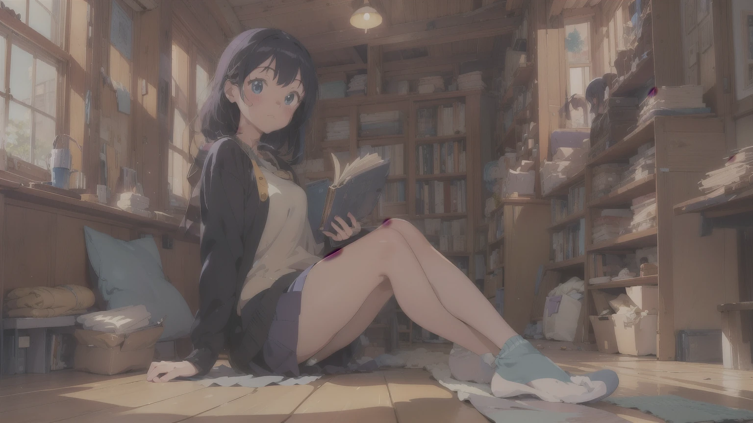 (masterpiece, 1980's anime illustration:1.1), Sweet girl with long purple hair in oversized knitted sweater, Sitting cross-legged on the floor of the bookstore, Open the book and put it on your lap, read attentively, surrounded by piles of old books, The afternoon sun shines in through the window, Illuminating dust floating in the air, Create a warm atmosphere, Detailed old binding on books, Patterned rug on hardwood floor, retro anime style, warm light