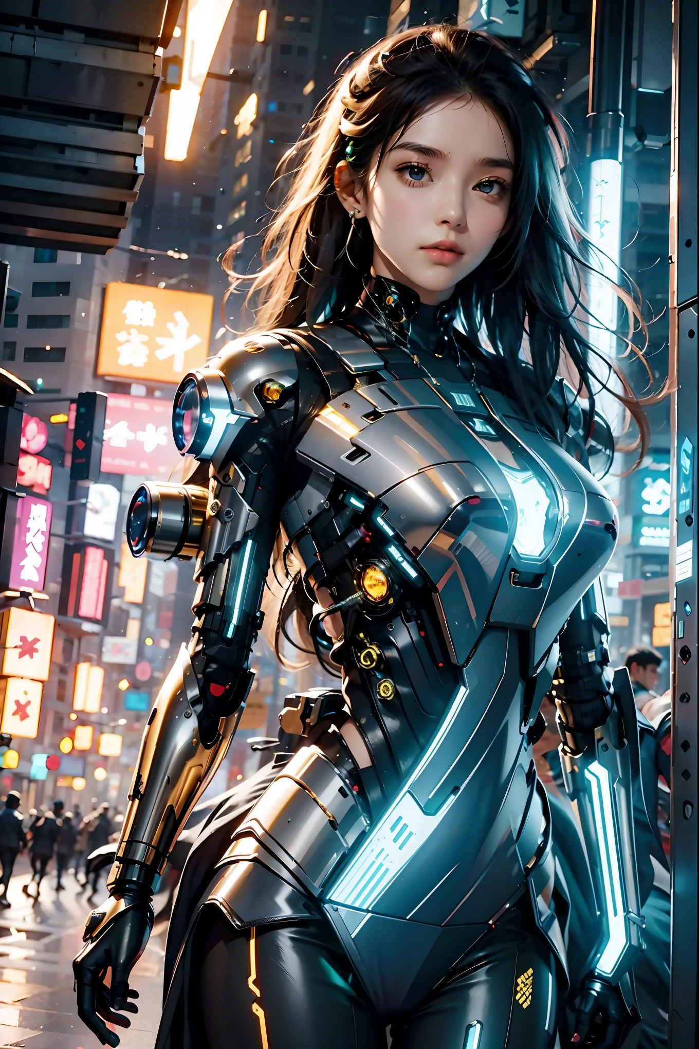 ((extremely delicate and beautiful cybernetic girl)), ((mechanical limbs)), ((detailed face and eyes)) (blood vessels connected to tubes), (mechanical vertebrae), ((mechanical cervical attaching to neck)), (wires and cables attaching to neck:1.2), ((mass of wires and cables on head)), (character focus), (((dynamic pose))), nipple breast on cloths, ((cowboy shot)), (masterpiece), (((best quality))), ((ultra-detailed)), (highly detailed photorealistic CG illustration), ((big breast)) cinematic lighting, science fiction, extremely detailed,colorful,highest detail, ((random panty, cameltoe)), cyberpunk city background.