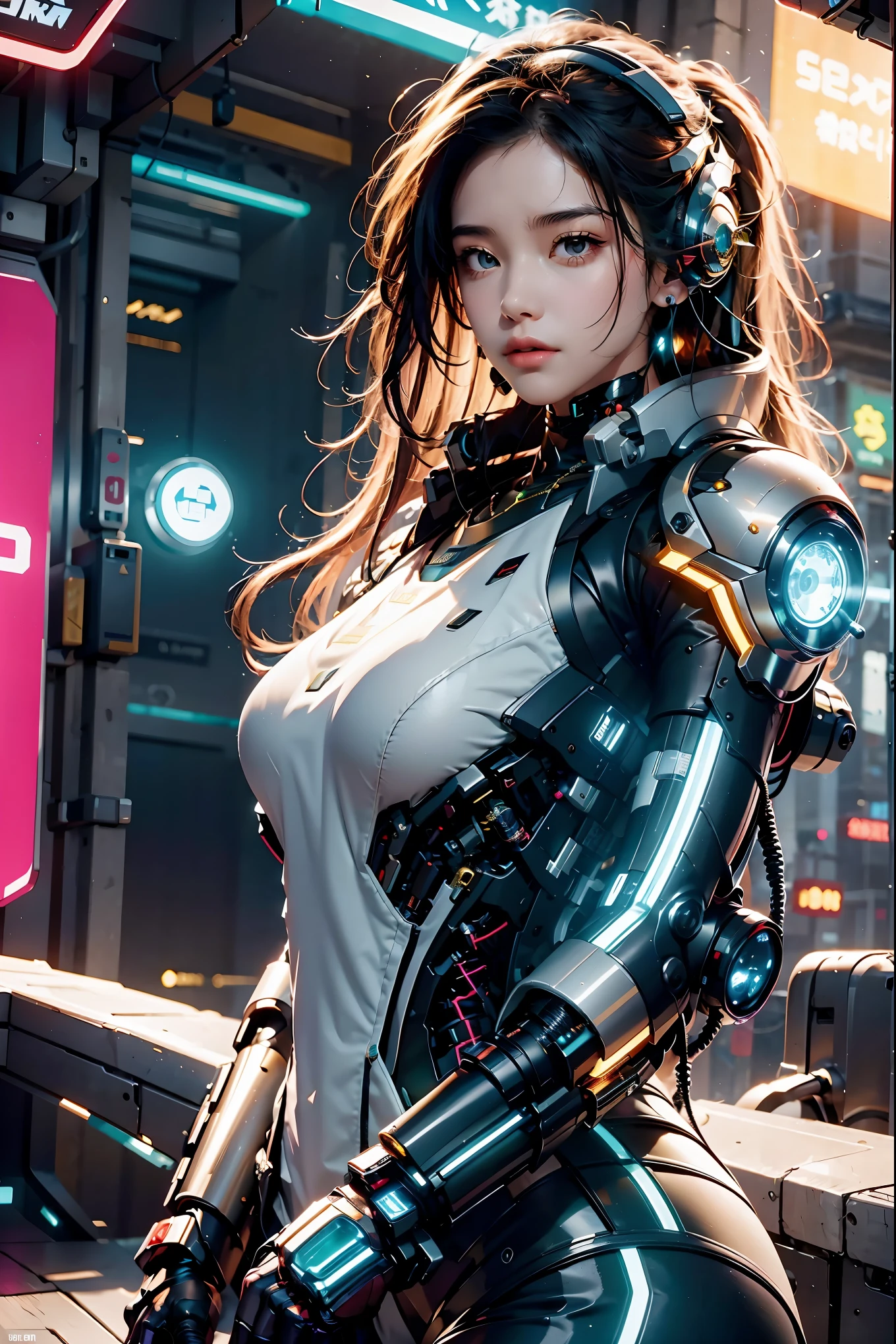 best quality,masterpiece,16k,1girl,blurry background,cyberpunk,cyborg,glowing,long hair,looking at viewer,Mechanical Hand,Silver metal mecha,Vertical yellow glowing stripes on the abdomen,Robot arm,Upper body,The forearm emits green light,outdoors,Abdominal and waist fabric clothing,Above the buttocks,Micro lateral body,With one hand resting on the shoulder,medium breasts,science fiction,solo,Mecha,Hard surface,Streamlined mecha,Realistic materials,Glowing mecha,Multi light source mecha,night,Urban background