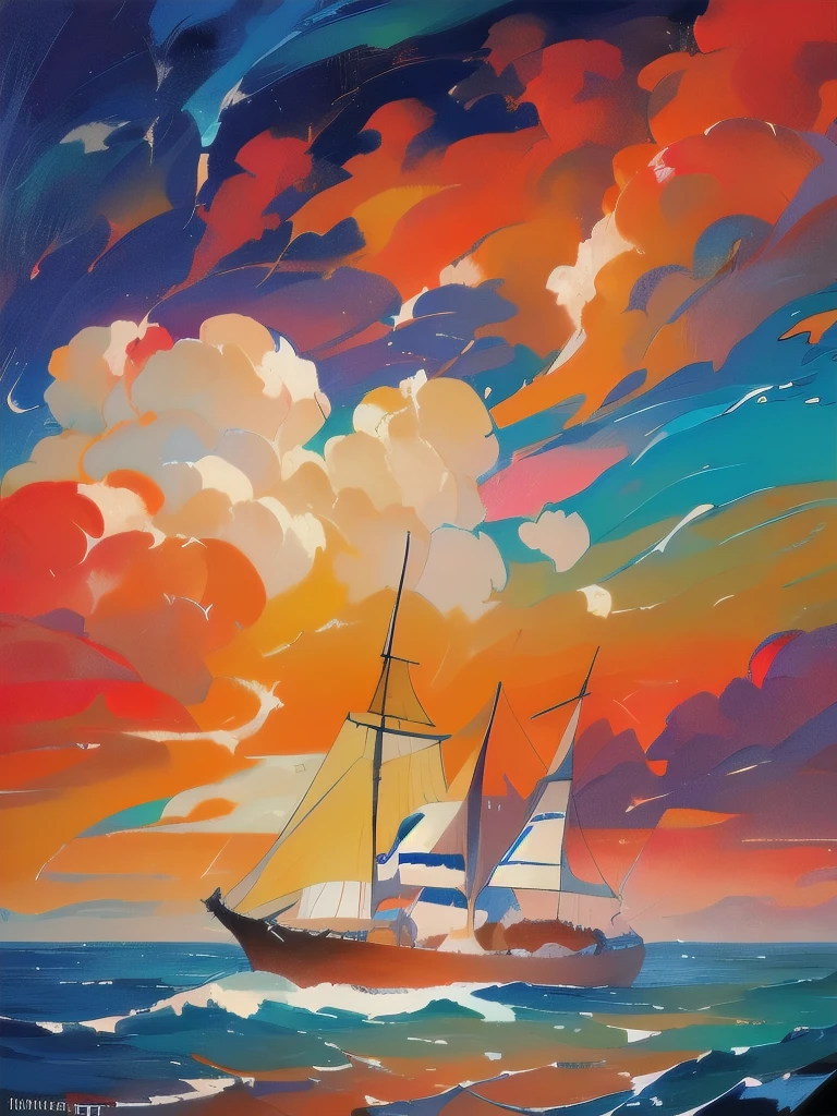 a painting of a boat in the ocean with a sky full of clouds, by Bencho Obreshkov, afremov leonid, colorful oil painting, vibrant oil painting, full of colors and rich detail, afremov, artwork, colorful art, beautiful art uhd 4 k, vibrant and rich colors, colorful painting, by Wojciech Kossak