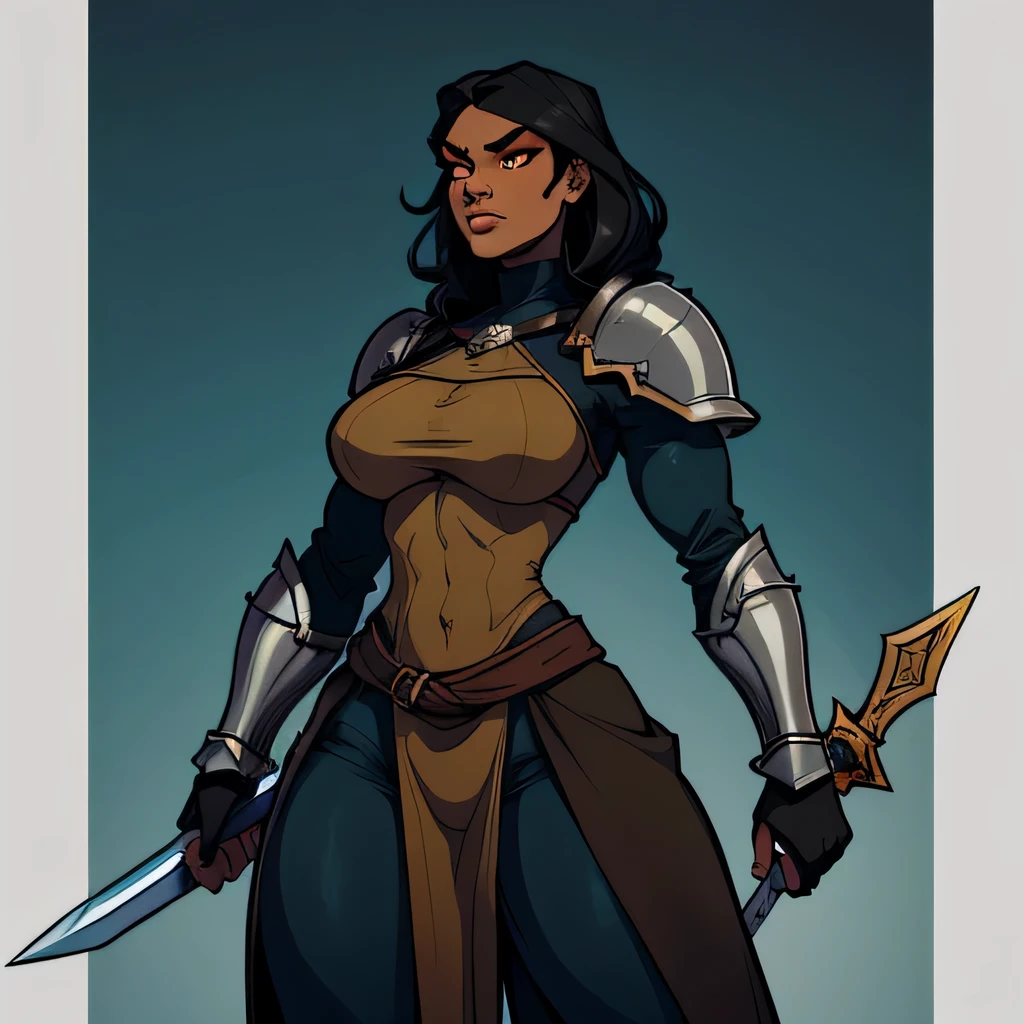 (masterpiece, best quality, absurdres, beautiful, aesthetic, detailed, cell shading, artwork, Hd, well drawn eyes), Solo, human, female, black hair, tall, lanky muscular, wide hips, ebony skin, scars, orange eyes, thick eyebrows, strong jawline, (medieval, fantasy, knight, wearing full armor, heavy plate armor, holding sword)