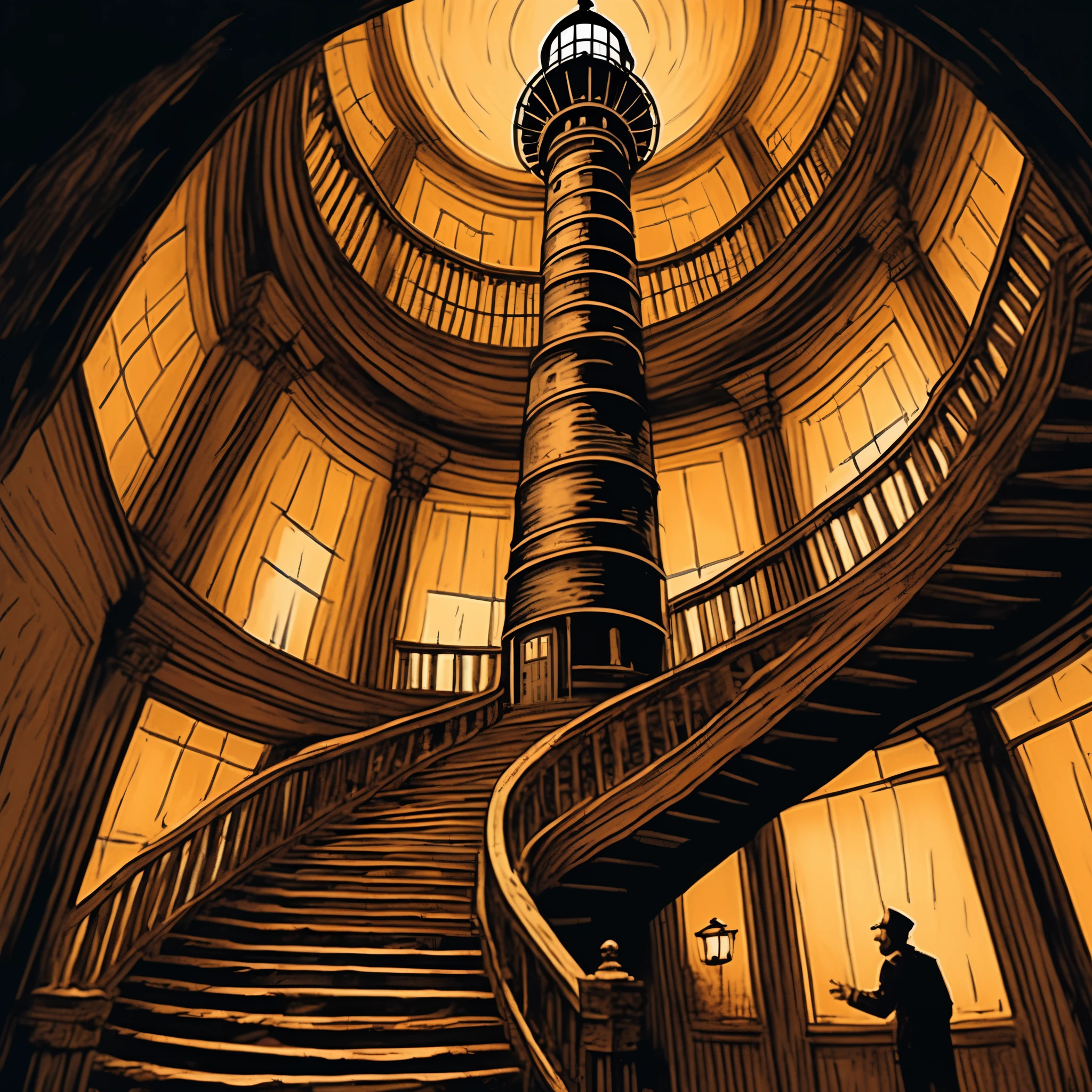 illustrate point of view looking up at bottom of helical staircase, intricate detailed wood grain natural wood frame stairs,  viewer should clearly recognize being inside lighthouse, Inside Lighthouse stone cylinder structure, at top of staircase a warm garish intense light shines in two focused directions to guide night time ships. detail unsettling unnatual hands and fingers cascading upwards twisting with the staircase up to the light, too many hands, too much sensory overload, wailing siren alarm lighthouse, apocalyptic, vintage horror film cinematic aesthetic framing composition and coloring, hand drawn rotoscope realism, expressive ink line presice harsh strokes, grim bleak horror vintage classic art style,
