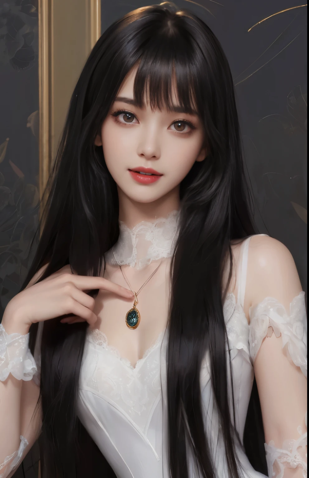 (surreal), (shape), (Improved resolution), (8k), (very detailed), (Best shape), (beautiful and detailed eyes), (highest quality), (Super detailed), (masterpiece ), ( wallpaper), (detailed face), 1 girl, , white dress, lace chest, Large and loose chest, looking at the viewer, small details, detailed face, in the dark, deep shadow, private key, Pure erotic face ace_v1, smile, long hair, black straight hair , 46 point diagonal bangs