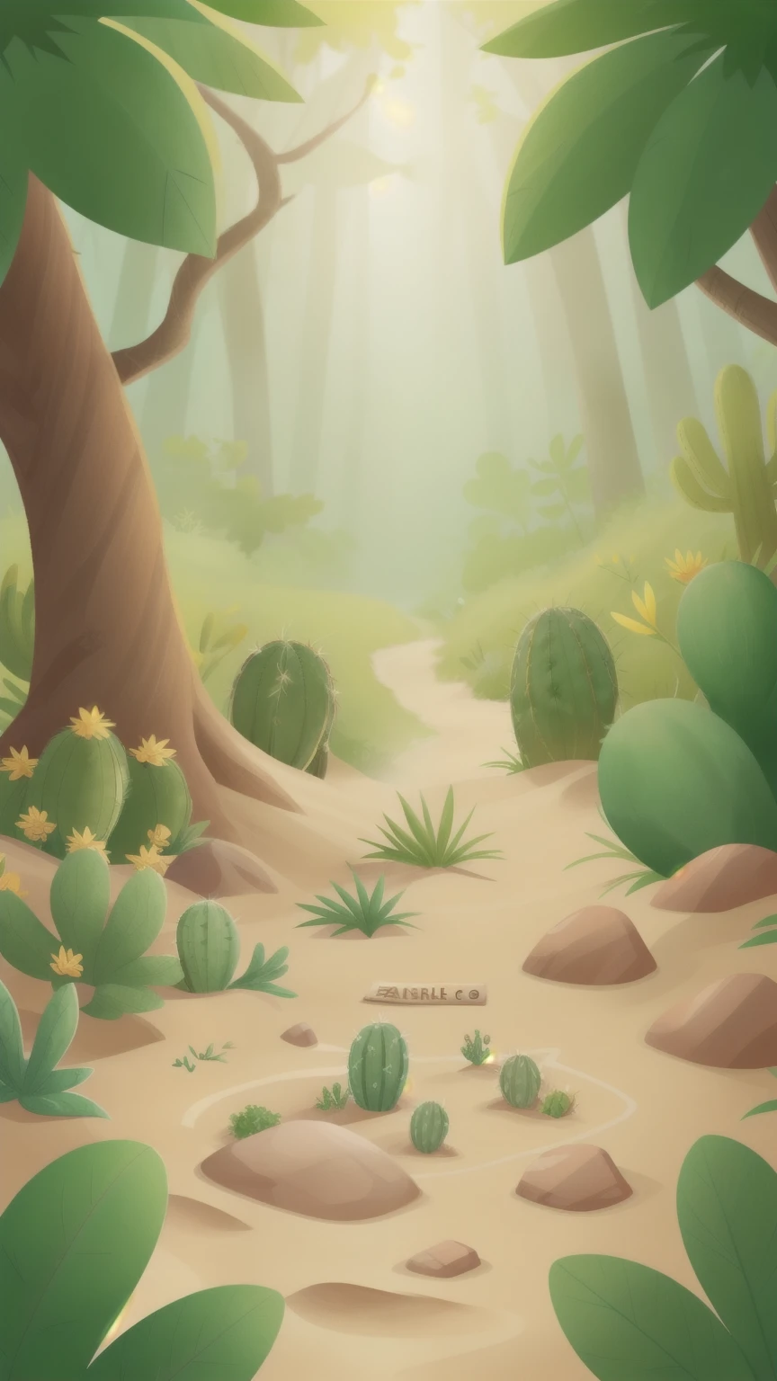There are cactus in the sand，map，Simple，Vector，Tile，Top view，Q version，A map of a forest in table top format for rpg