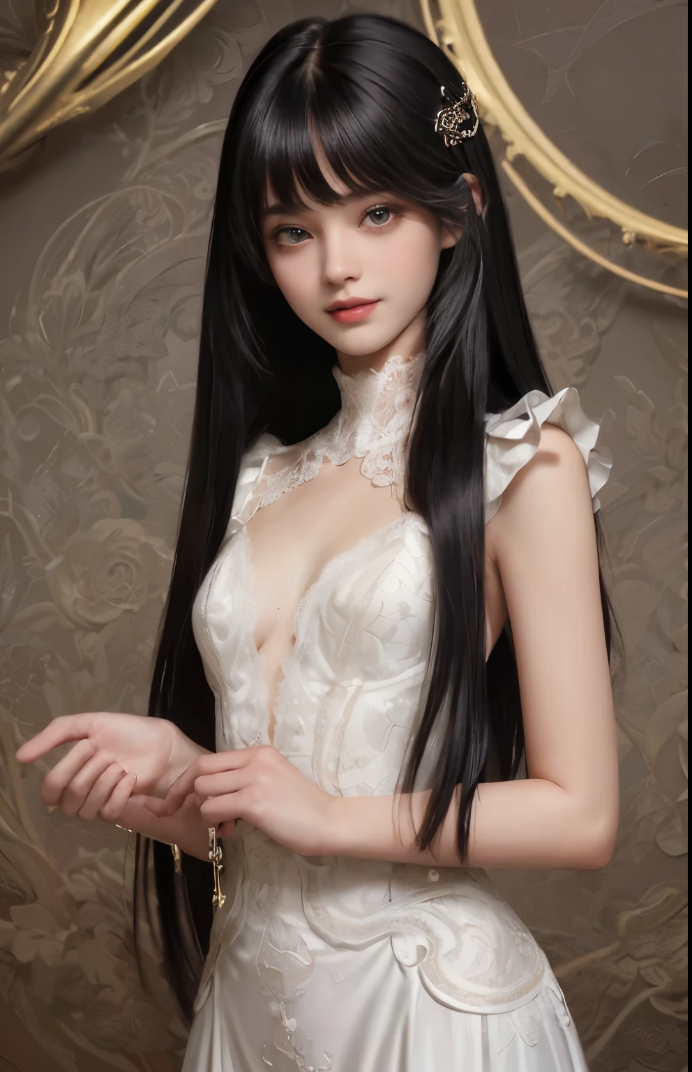 (surreal), (shape), (Improved resolution), (8k), (very detailed), (Best shape), (beautiful and detailed eyes), (highest quality), (Super detailed), (masterpiece ), ( wallpaper), (detailed face), 1 girl, 17 years old, white dress,  lace chest,  Large and loose chest, looking at the viewer, small details, detailed face, in the dark, deep shadow, private key, Pure erotic face ace_v1, smile, long hair, black straight hair , 46 point diagonal bangs