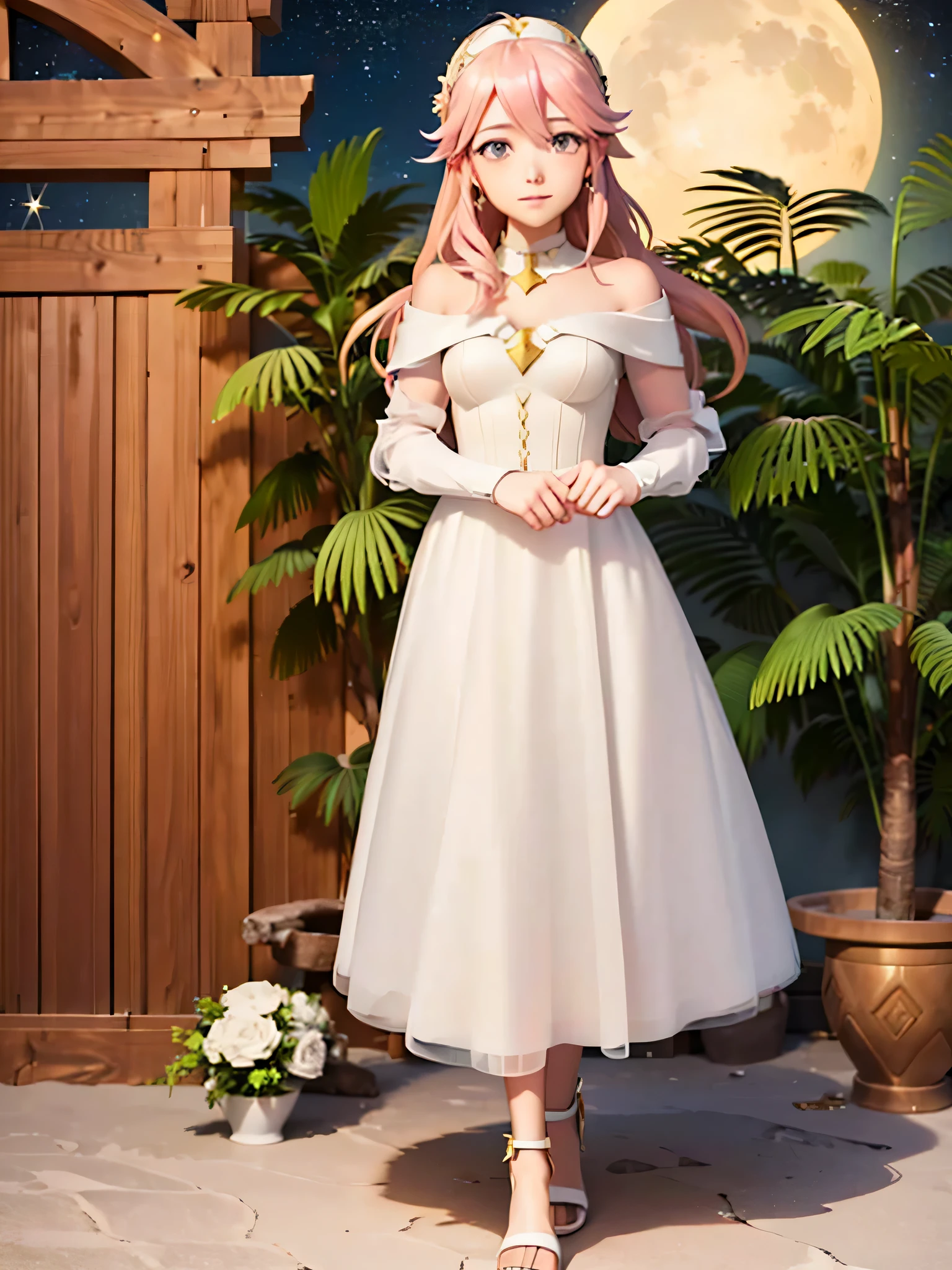 (Soleil from Fire Emblem) (a long wedding dress) (full body) (high quality) (moon and stars in the background) (Dynamic pose)