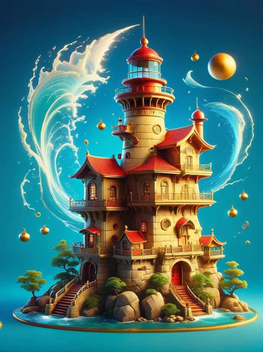 Lovely lighthouse made in Persian architectural style，3D style，lbender, Cute surface color，The strongest in the universe，Lead navigation，future technology，mechanical lighthouse，Studio Ghibli style，clean background，Simple