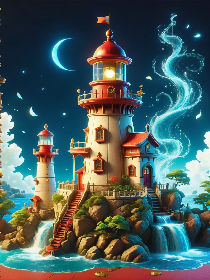 Lovely lighthouse made in Persian architectural style，3D style，lbender, Cute surface color，The strongest in the universe，Lead navigation，future technology，mechanical lighthouse，Studio Ghibli style，clean background，Simple