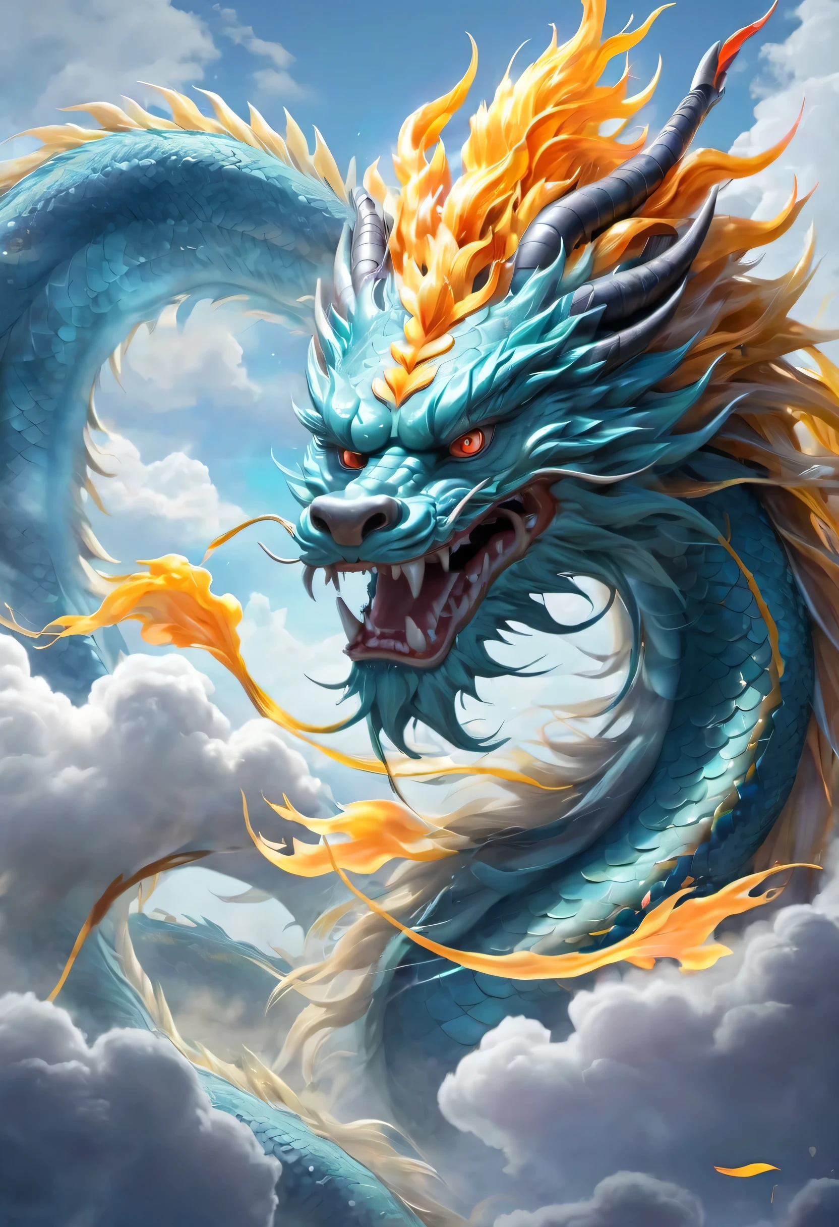 (Main topics: Wide-angle lens), 火焰是淺藍色of,[五彩of,(Chinese dragon anthropomorphic)], of,戲劇性of雲,(Go deep into the fields), 丰富of细节​, (广阔of天空), (sense of vastness),energy and vitality, 複雜of細節.(最好of品質, high resolution, masterpiece:1.2), (实际of:1.37), high dynamic range。