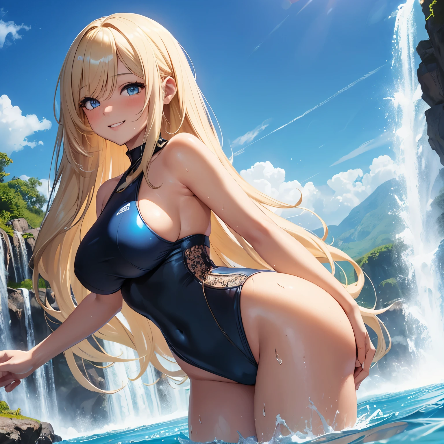 (Master piece), (best quality), (ultra detailed), high quality, highest details, ultra hd, hot waterfall, 1girl, long blonde hair, wet, swimsuit, nartural shadow, large breast, large ass, blushing face, smile , solo, perfect body, 8k, blue sky.