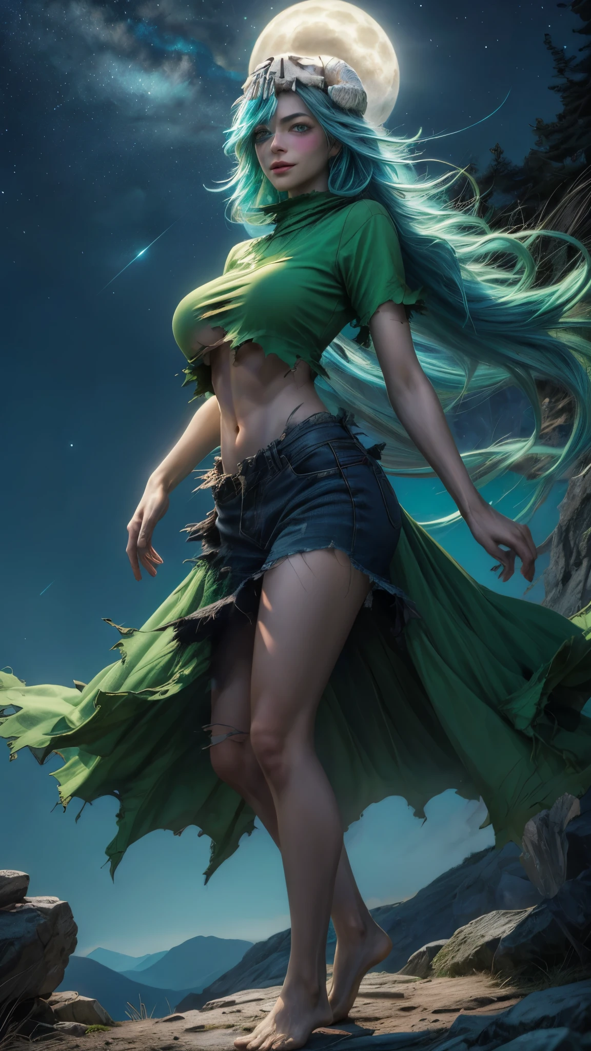 ((best quality)), ((highly detailed)), masterpiece, absurdres, (detailed eyes, deep eyes), (1girl), cowboy shot, nel, nelliel tu odelschwanck, aqua hair, long hair, hair between eyes, hazel eyes, skull, facial mark, large breasts, smiling, (((green clothes))), ((torn clothes)), short sleeves, underboob, midriff, barefoot, (on a mountain range, midnight, night sky, stars, moonlight)