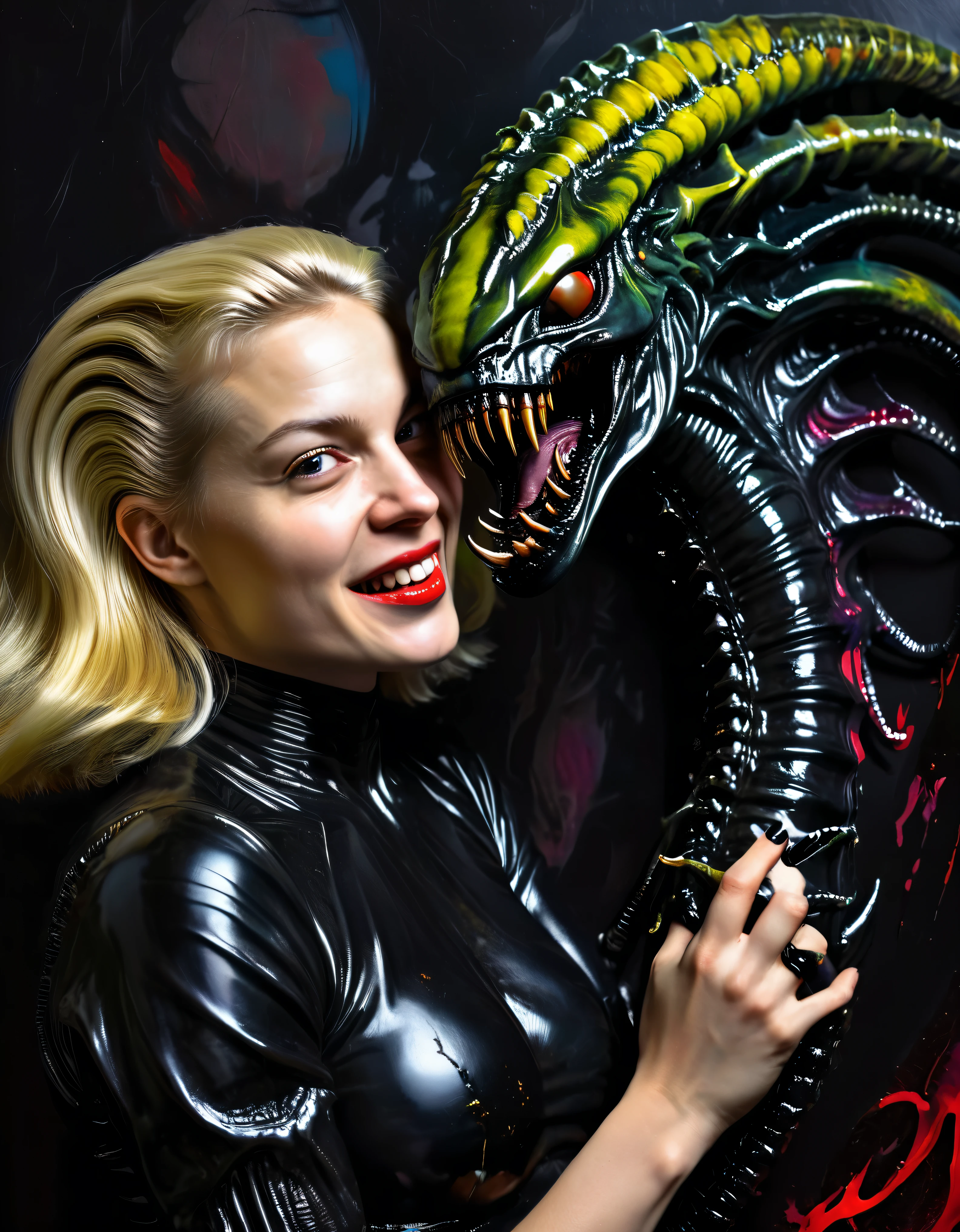 painting of Blonde woman holding a (black xenomorph|goat hybrid), black tendrils  loving happy-mother angry alien fangs claws tendrils black-ooze on walls, (vibrant-colors:1.19) (style of Caravaggio) high saturation best quality (perfect-lighting, high contrast, dark, dramatic),