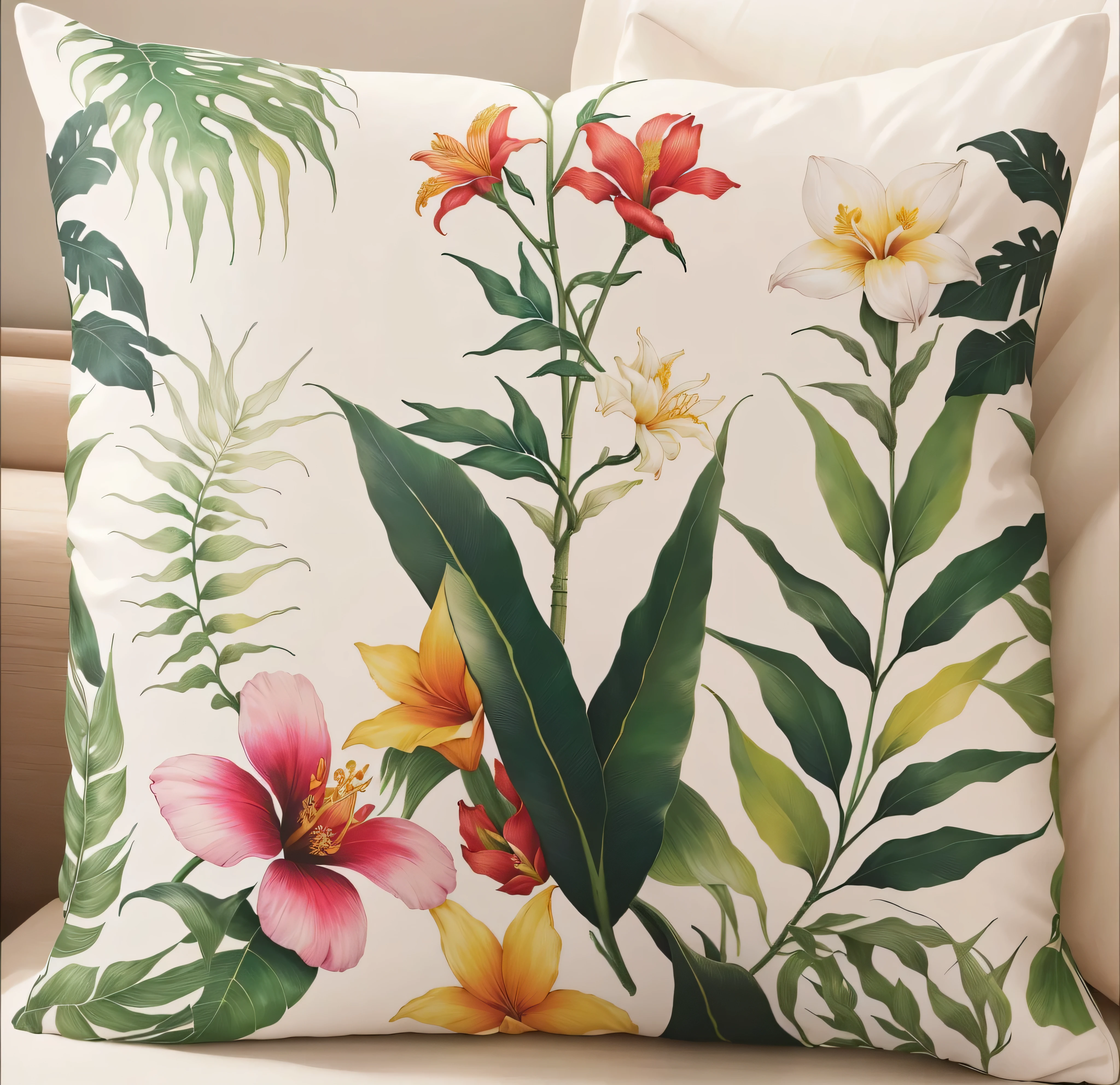 a close up of a pillow with a floral design on it, plants allover, throw pillows, botanical, cushions, lush garden leaves and flowers, elegant tropical prints, designed for cozy aesthetics!, tropic plants and flowers, very detailed and high quality, botanic foliage, tropical mood, large jungle flowers, blooming tropical flowers, colorful tropical plants, high quality details