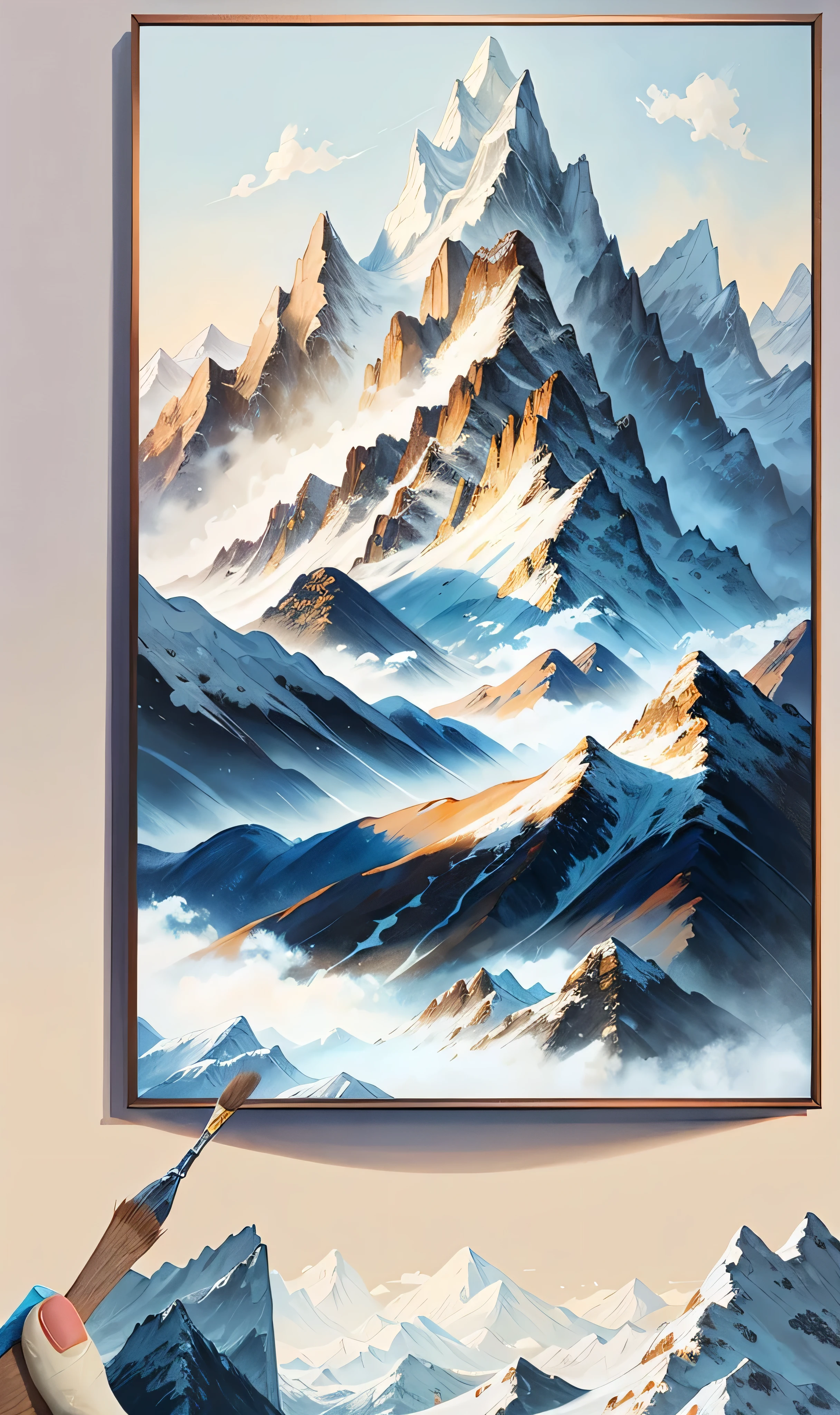 a close up of a painting of a mountain with a sky background, 8k high quality detailed art, mountains on the background, majestic painting, scenery artwork, mountains on background, mountains in a background, extremely high quality artwork, mountain landscape, high detail painting, mountain scene, fine art painting, painted landscape, majestic mountains, mountains at background, landscape art