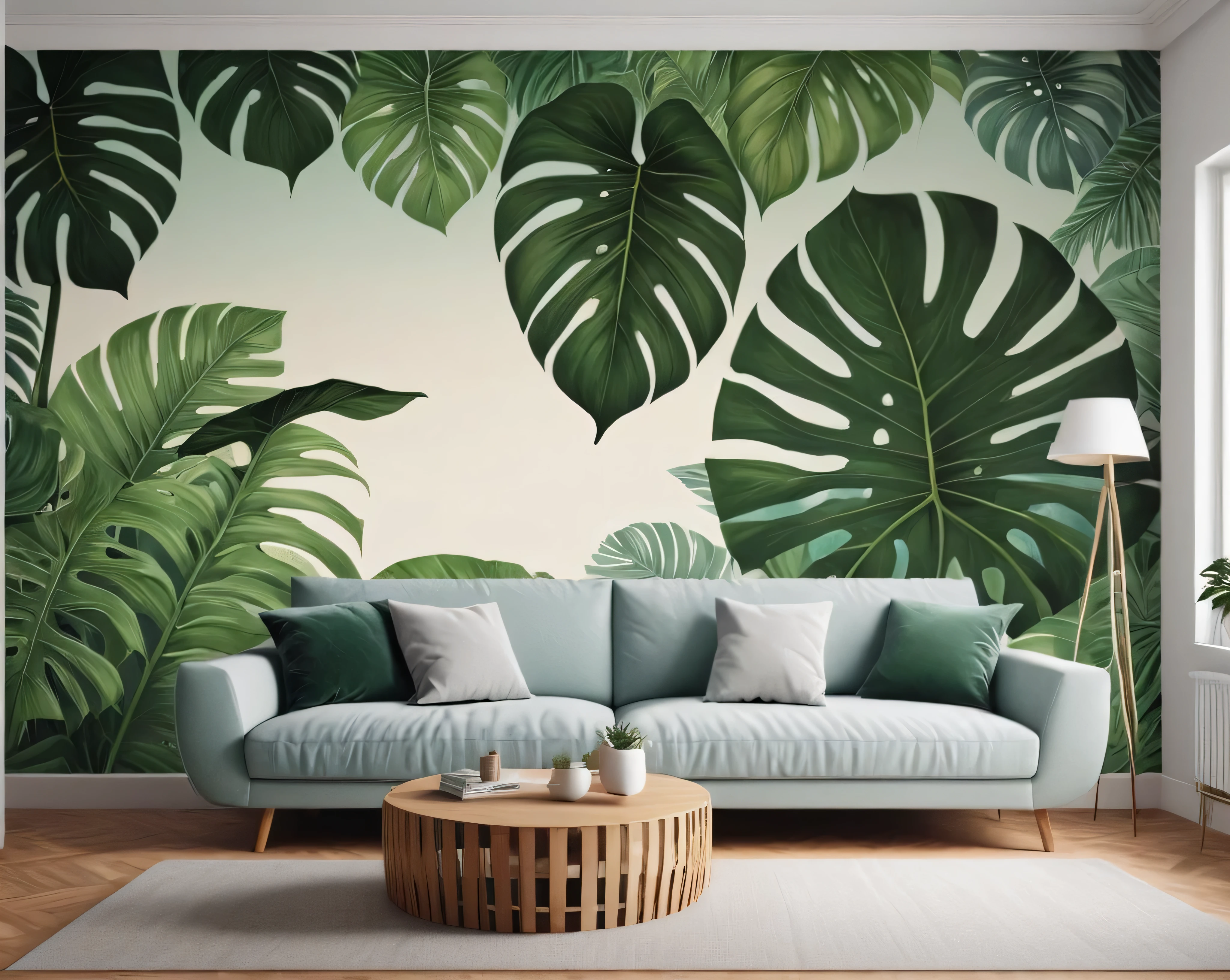 a close up of a couch in a room with a wall mural, living room wall background, wall mural, wallpaper art, living room background, monstera, wallpaper design, tropical leaves, wall paper, large leaves, tropical vibe, f 2 0, mural art, large plants in the background, 8k high quality detailed art, high-quality wallpaper
