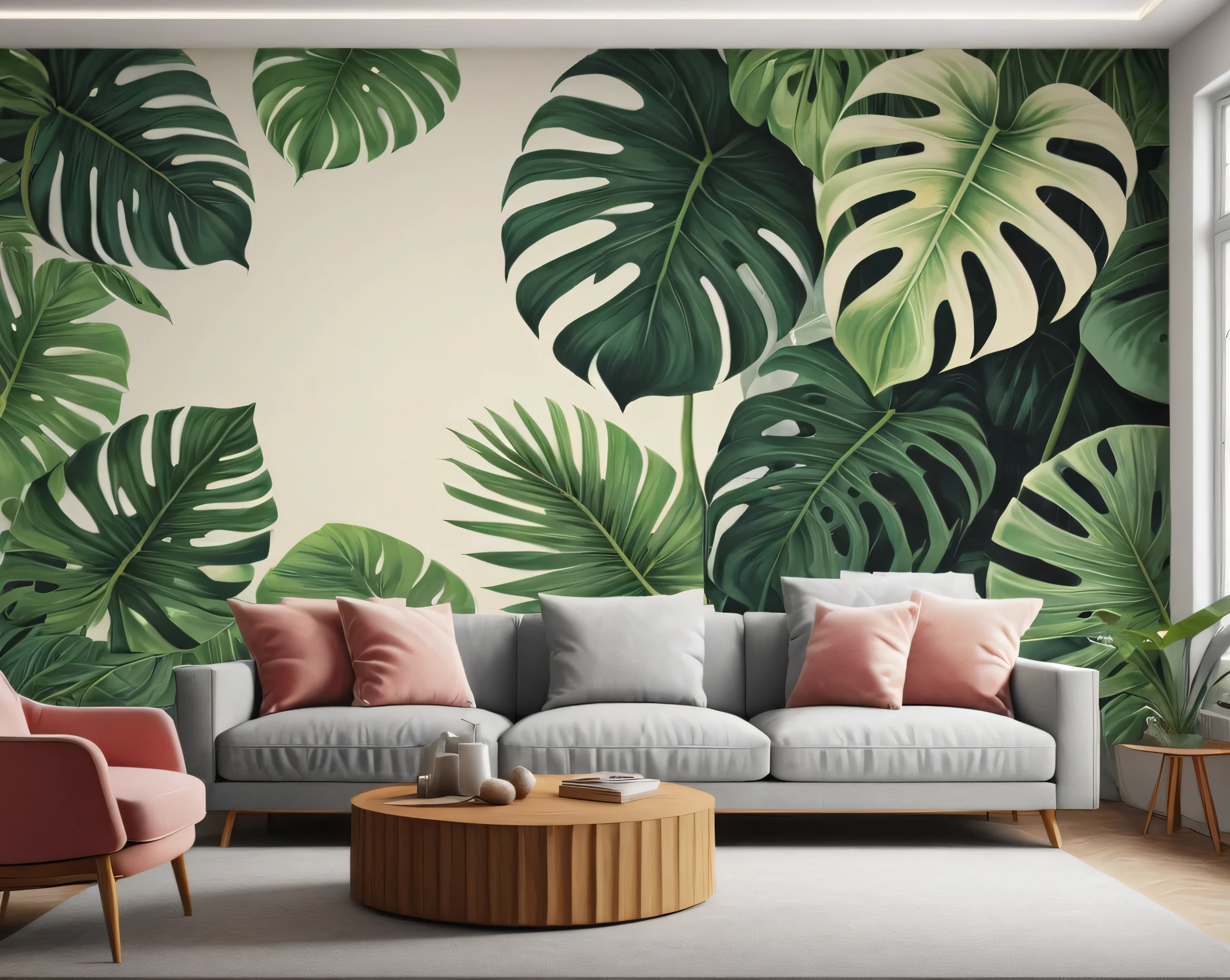 a close up of a couch in a room with a wall mural, living room wall background, wall mural, wallpaper art, living room background, monstera, wallpaper design, tropical leaves, wall paper, large leaves, tropical vibe, f 2 0, mural art, large plants in the background, 8k high quality detailed art, high-quality wallpaper