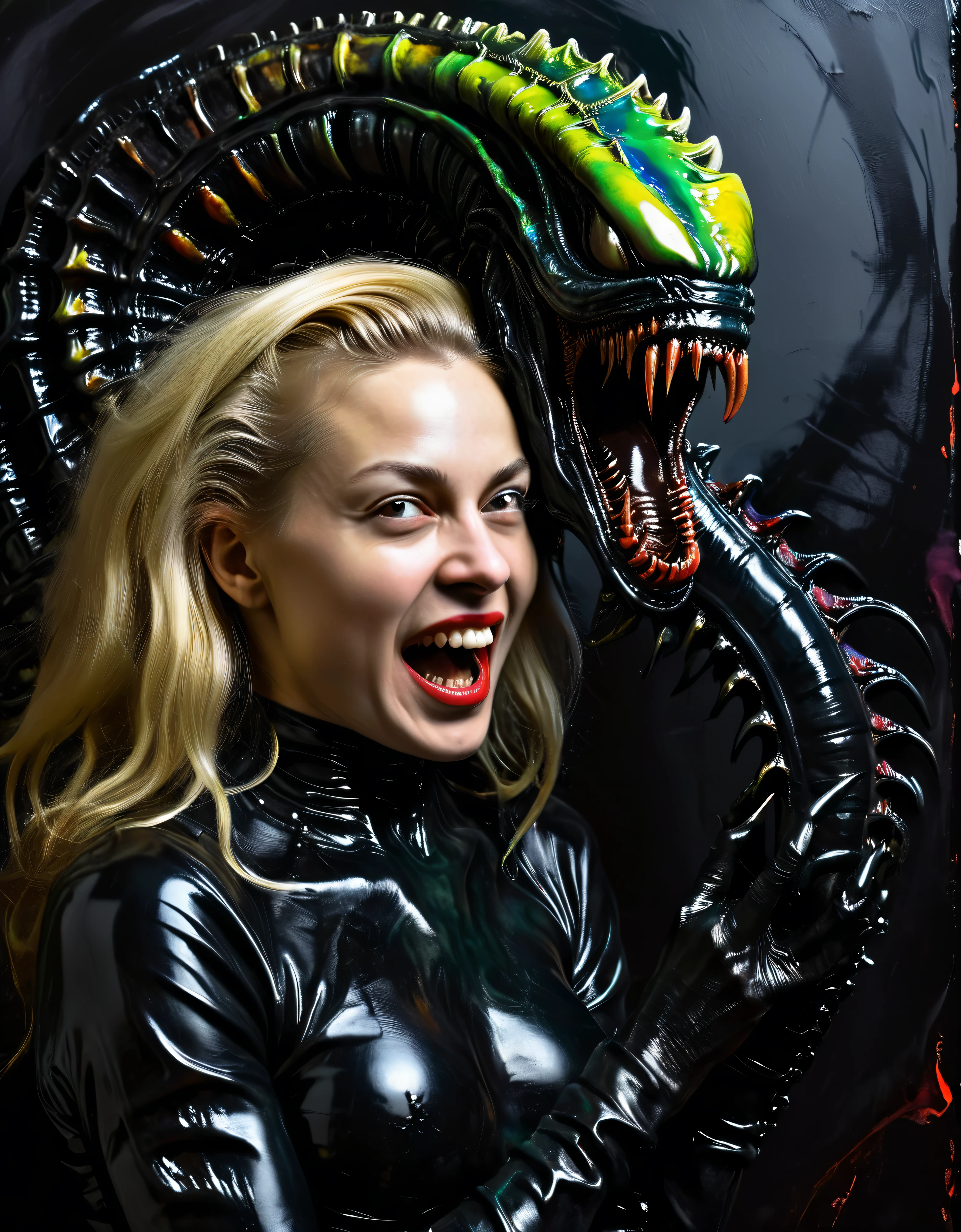 painting of Blonde woman holding a (black xenomorph|goat hybrid), black tendrils  loving happy-mother angry alien fangs claws tendrils black-ooze on walls, (vibrant-colors:1.19) (style of Caravaggio) high saturation best quality (perfect-lighting, high contrast, dark, dramatic),