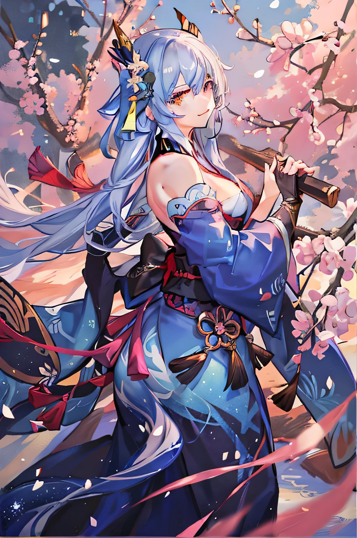 Anime girl in blue dress holding sword in park, 绫香Genshin冲击, 《Genshin》Ke Qingyu, 绫香游戏Genshin冲击, Onmyoji detailed art, Wearing kimono armor, Onmyoji portrait, Onmyoji, 《Genshin》Zhongli in, from《Azure Lane》Electronic games, Genshin冲击角色