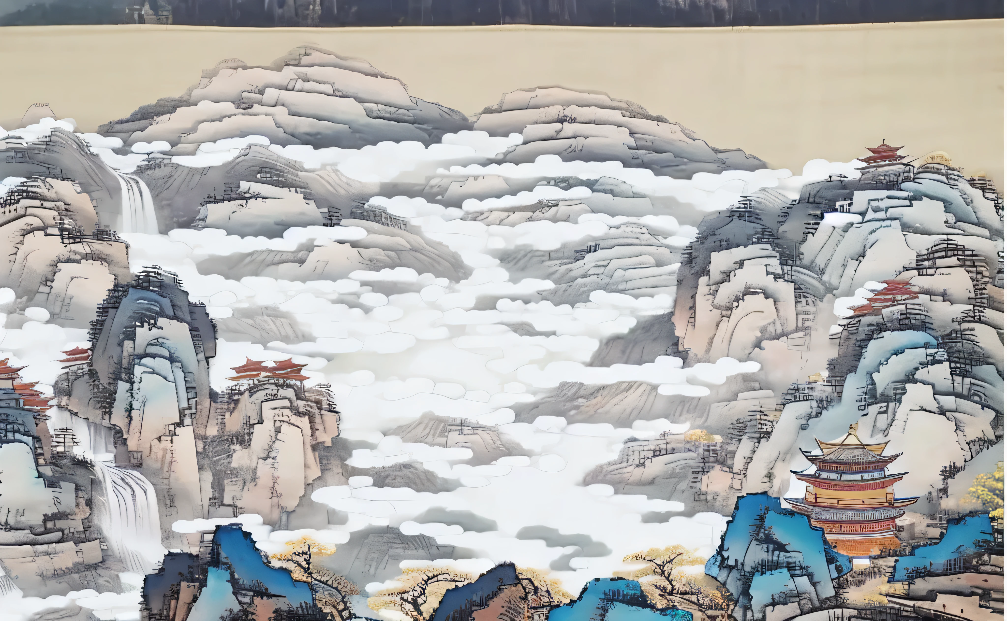 a close up of a painting of a mountain with a waterfall, chinese painting style, scenery artwork, chinese style painting, traditional chinese ink painting, detailed scenery —width 672, by Ju Lian, inspired by Zhang Shunzi, traditional chinese painting, classical landscape painting, by Qu Leilei, inspired by Yuan Jiang, by Chen Daofu, chinese painting