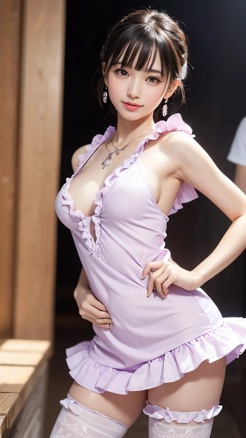 (8k, RAW photo, highest quality, masterpiece: 1.2), Super detailed, super resolution, (genuine, genuine photos: 1.37), portrait, High-definition RAW color photo, professional photos, 非常に詳細で美new, very detailed, 8k wallpaper, amazing details, huge file size, official art, very detailed CG Unity 8k wallpaper, very detailed beautiful girls, very detailed facesHighly detailed eyes, Very fine skin, very detailed fingers, very small nose, very detailed detailed mouth, perfect anatomy, detailed background, fine clothes,20th generation, cute girl, genuineistic body, white skin, glowing skin, (dull bangs: 1.2), smile, cute, like々new, cute face, genuineistic face, delicate eyes, sagging eyes, (Super mini scarf ruffle dress costume 1.2), earrings, necklace、looking at camera, dynamic lighting, G cup breasts,big breasts、(I can see your pants 1.2)、panty shot、(European style canopy bed 1.2)、(dynamic dance pose 1.2)、(White-based pastel purple 1.2)、
