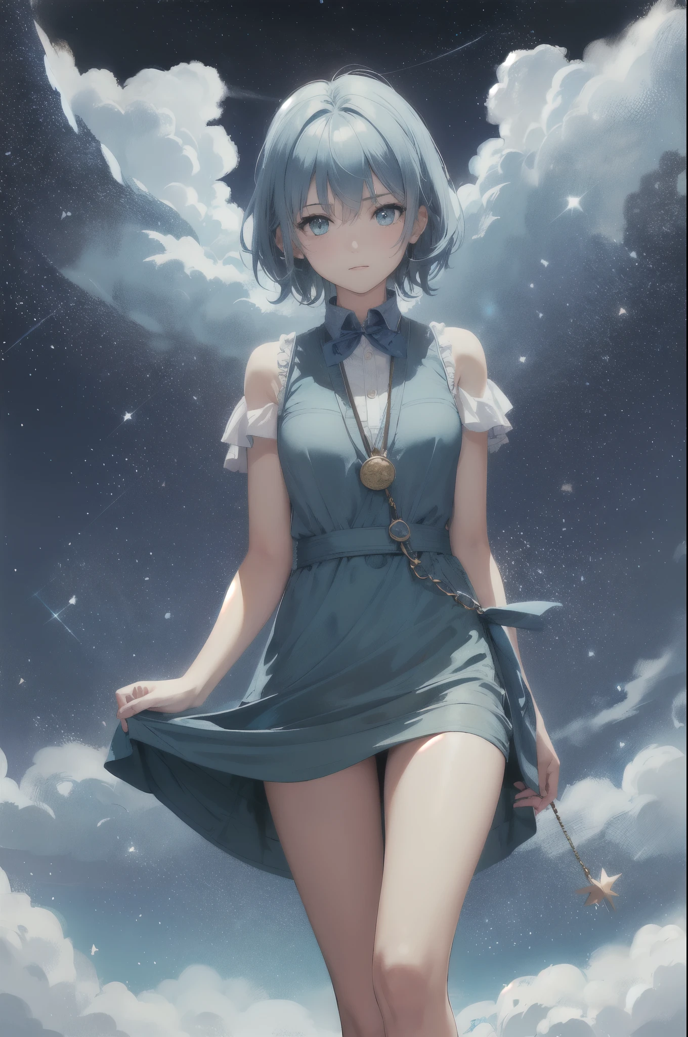 ((In front a back drop of swrking blue fog filled with twinkling stars)) is a young teenage girl with green eyes and yellow short hair to her neck wearing a brown-khaki suite, Holding on to a pocket watch