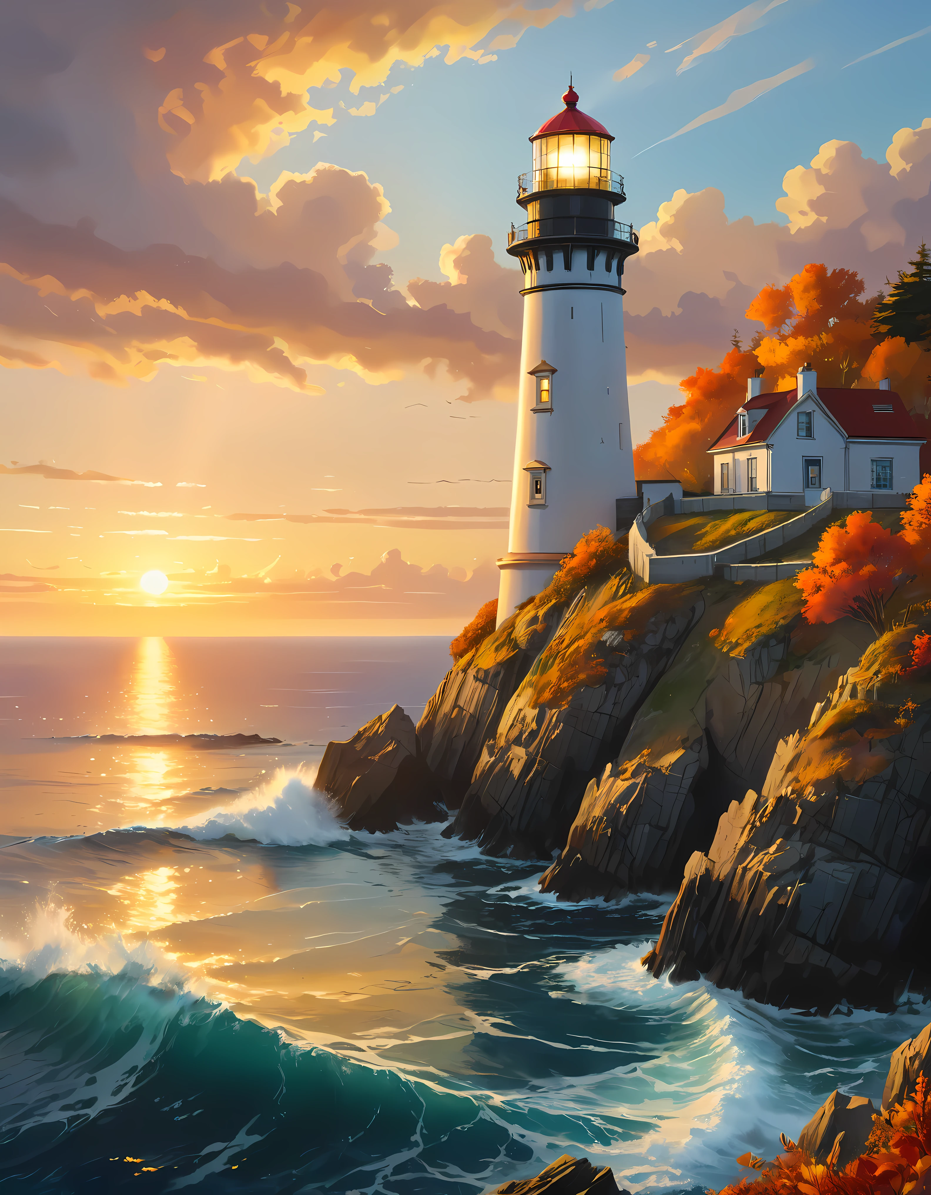 A cliff overlooks a Lighthouse with view of the vast ocean, mesmerizing Lighthousebathed by Sunset light,((golden hour time):1.2),((Majestic Landscape):1.2),((Sunset sky at autumn):1.1),delicate golden hour light, amazing wallpapers, beautiful surroundings, optimistic matte painting, Beautiful digital artwork, Beautiful and detailed scenes, UHD underground, UHD landscape, Majestic concept art, beautiful Lighthouse. |(Masterpiece in maximum 16K resolution), the best quality, (very detailed CG unity 16k wallpaper quality),(Soft colors 16k highly detailed digital art),Super Detailed. | Perfect image,16k UE5,official painting, superfine, Depth of field, no contrast, clean sharp focus, professional, No blurring. | (((More detail))).