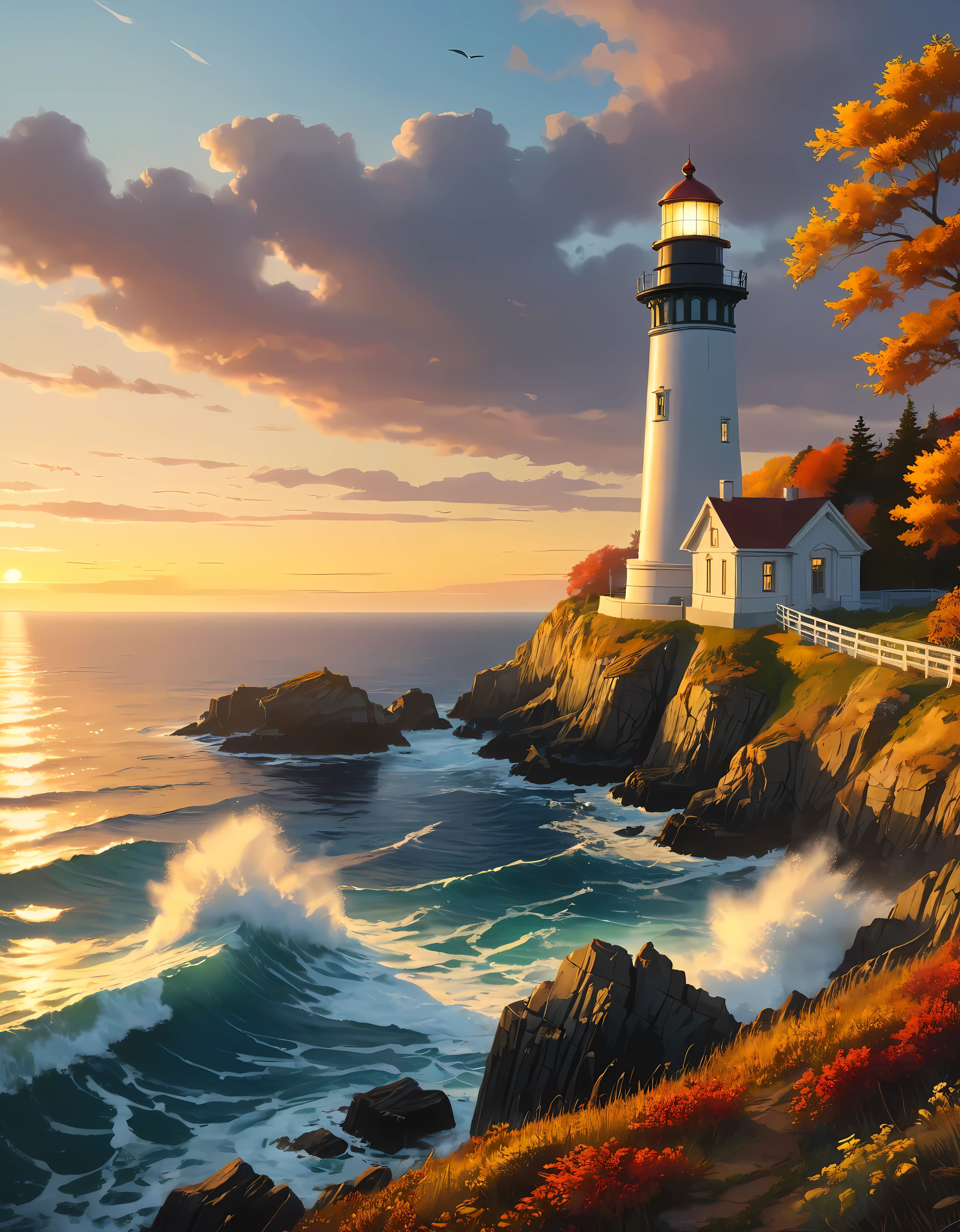 A cliff overlooks a Lighthouse with view of the vast ocean, mesmerizing Lighthousebathed by Sunset light,((golden hour time):1.2),((Majestic Landscape):1.2),((Sunset sky at autumn):1.1),delicate golden hour light, amazing wallpapers, beautiful surroundings, optimistic matte painting, Beautiful digital artwork, Beautiful and detailed scenes, UHD underground, UHD landscape, Majestic concept art, beautiful Lighthouse. |(Masterpiece in maximum 16K resolution), the best quality, (very detailed CG unity 16k wallpaper quality),(Soft colors 16k highly detailed digital art),Super Detailed. | Perfect image,16k UE5,official painting, superfine, Depth of field, no contrast, clean sharp focus, professional, No blurring. | (((More detail))).