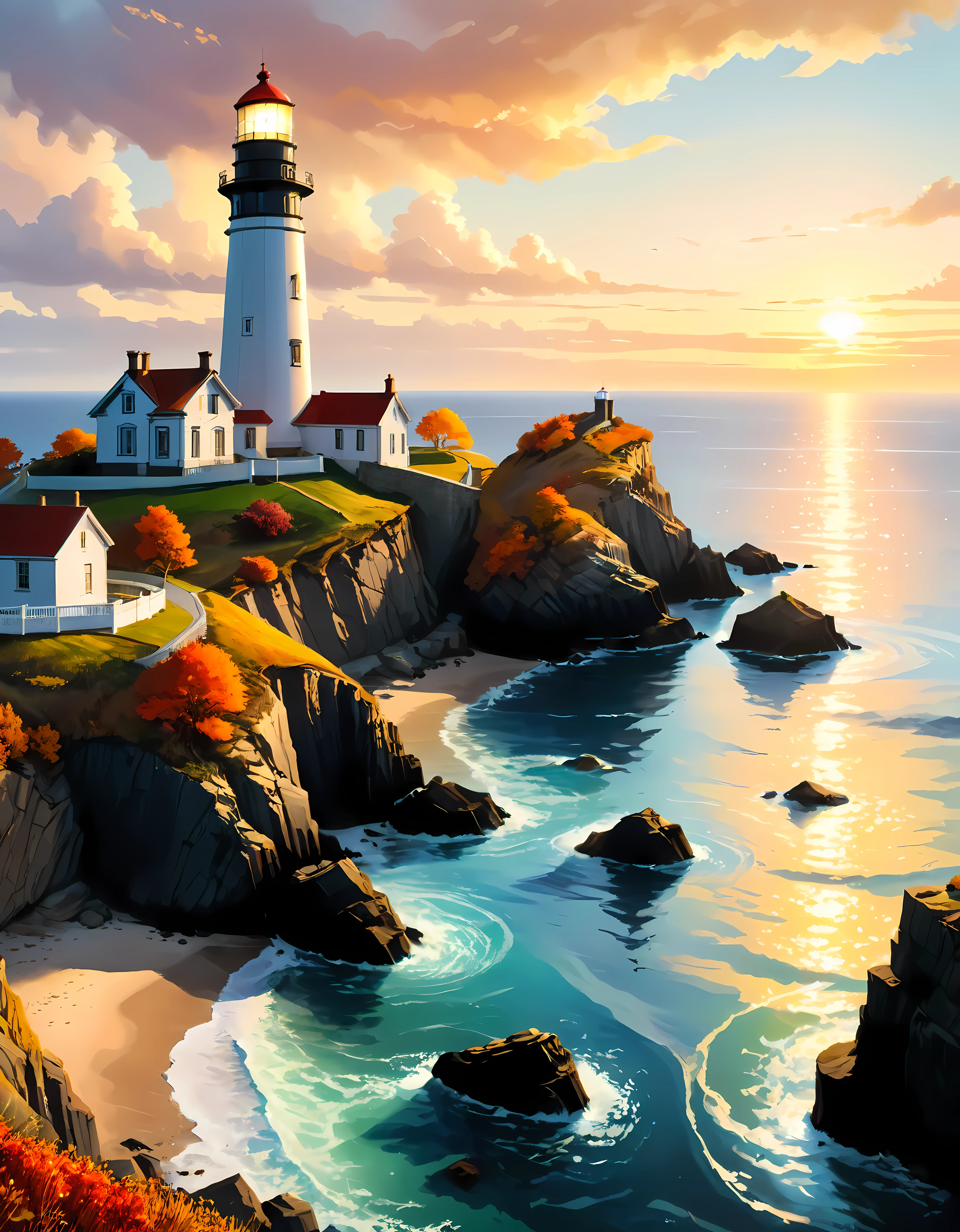 A cliff overlooks a Lighthouse with view of the vast ocean, mesmerizing Lighthousebathed by Sunset light,((golden hour time):1.2),((Majestic Landscape):1.2),((Sunset sky at autumn):1.1),delicate golden hour light, amazing wallpapers, beautiful surroundings, optimistic matte painting, Beautiful digital artwork, Beautiful and detailed scenes, UHD underground, UHD landscape, Majestic concept art, beautiful Lighthouse. |(Masterpiece in maximum 16K resolution), the best quality, (very detailed CG unity 16k wallpaper quality),(Soft colors 16k highly detailed digital art),Super Detailed. | Perfect image,16k UE5,official painting, superfine, Depth of field, no contrast, clean sharp focus, professional, No blurring. | (((More detail))).