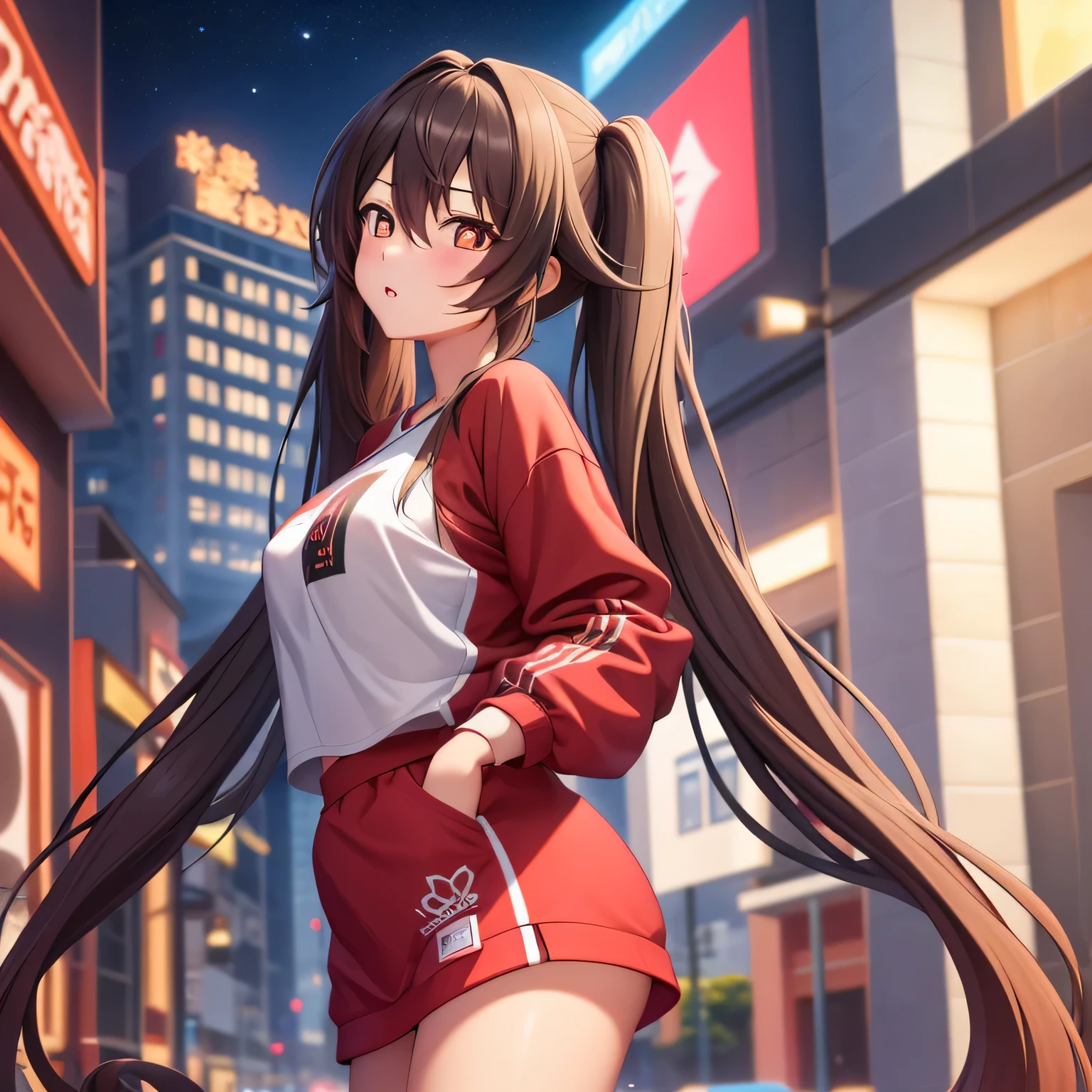 masterpiece, best quality, HuTaoV4, 1girl, solo, blush, twintails, long hair, hair between eyes, ((streetwear clothes)), city, outdoors, night, movie poster, extremely detailed 8K, smooth, high resolution, ultra quality, cinematic lighting, ambient occlusion, hd, 2k, 4k, 8k, 16k, extremely detailed anime, detailed faces, perfect composition, wide shot, atmospheric lighting, 