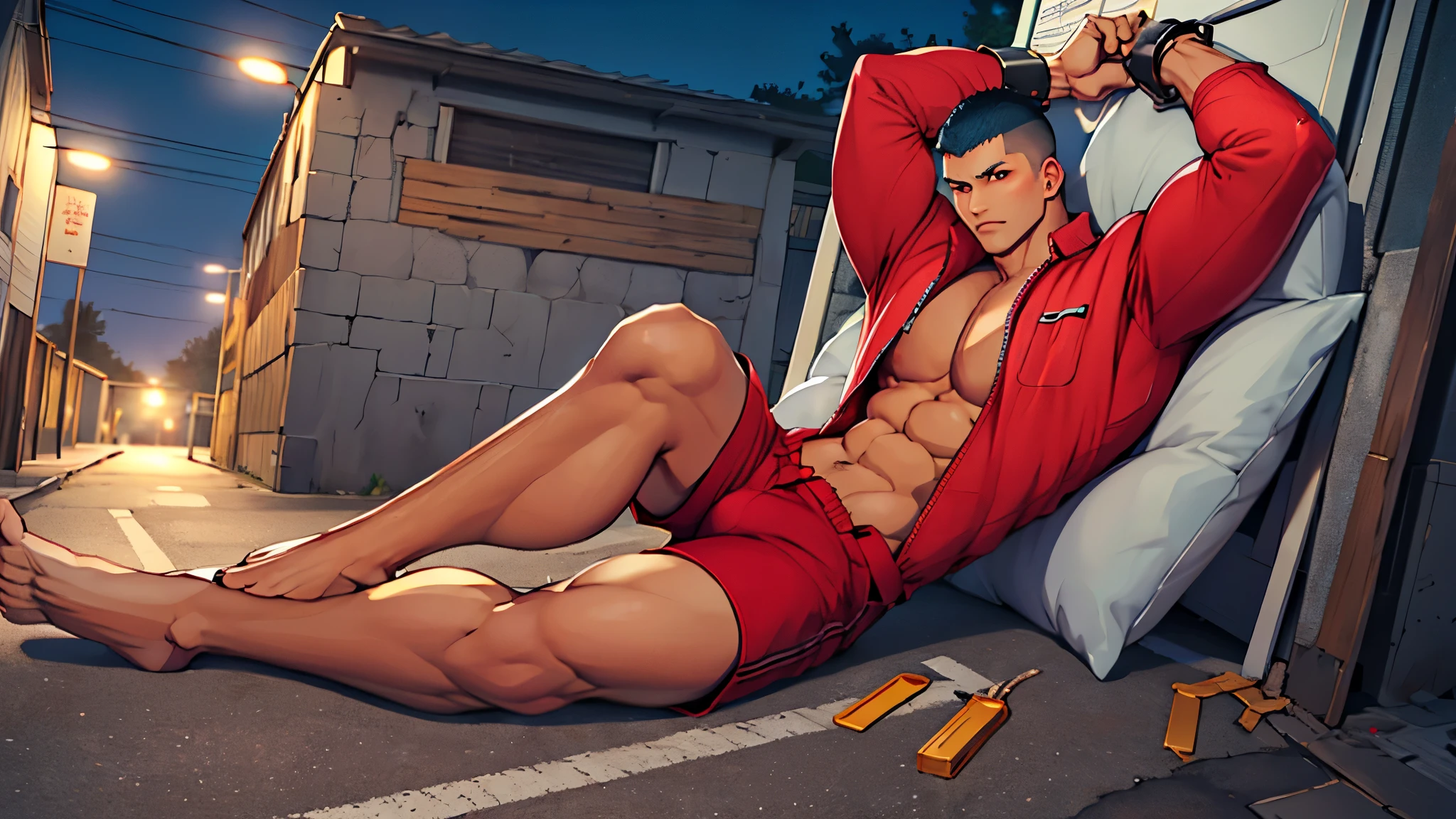 (best quality, extremely detailed, full body:1.2),anime,man,middle age,rugged,muscular,buzz cut,arms up behind,night,handcuffs,shirtless,shorts,blushing,barefoot、open suit、lead、gay