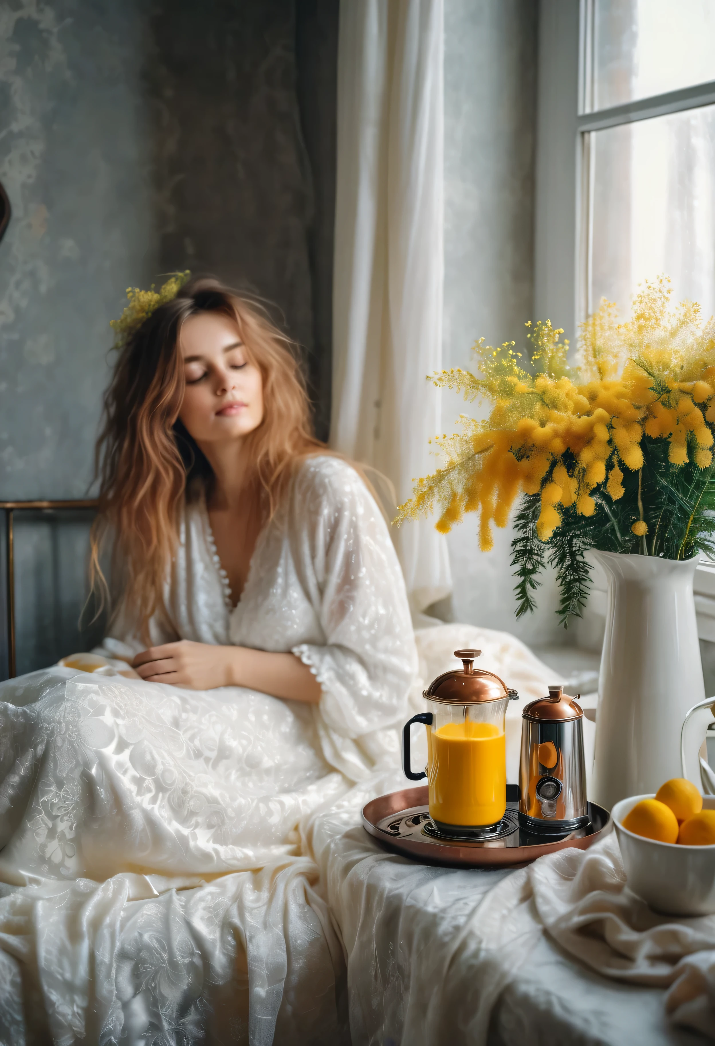 In a small bright room, a beautiful woman sits on the bed, sleepy woman, In a peignoir, with disheveled hair, a man hugs her from behind, there is a huge bouquet of mimosa on the table by the window, there is a copper coffee maker, hot coffee with creamy foam in a porcelain cup, High detail, Cinematic scene