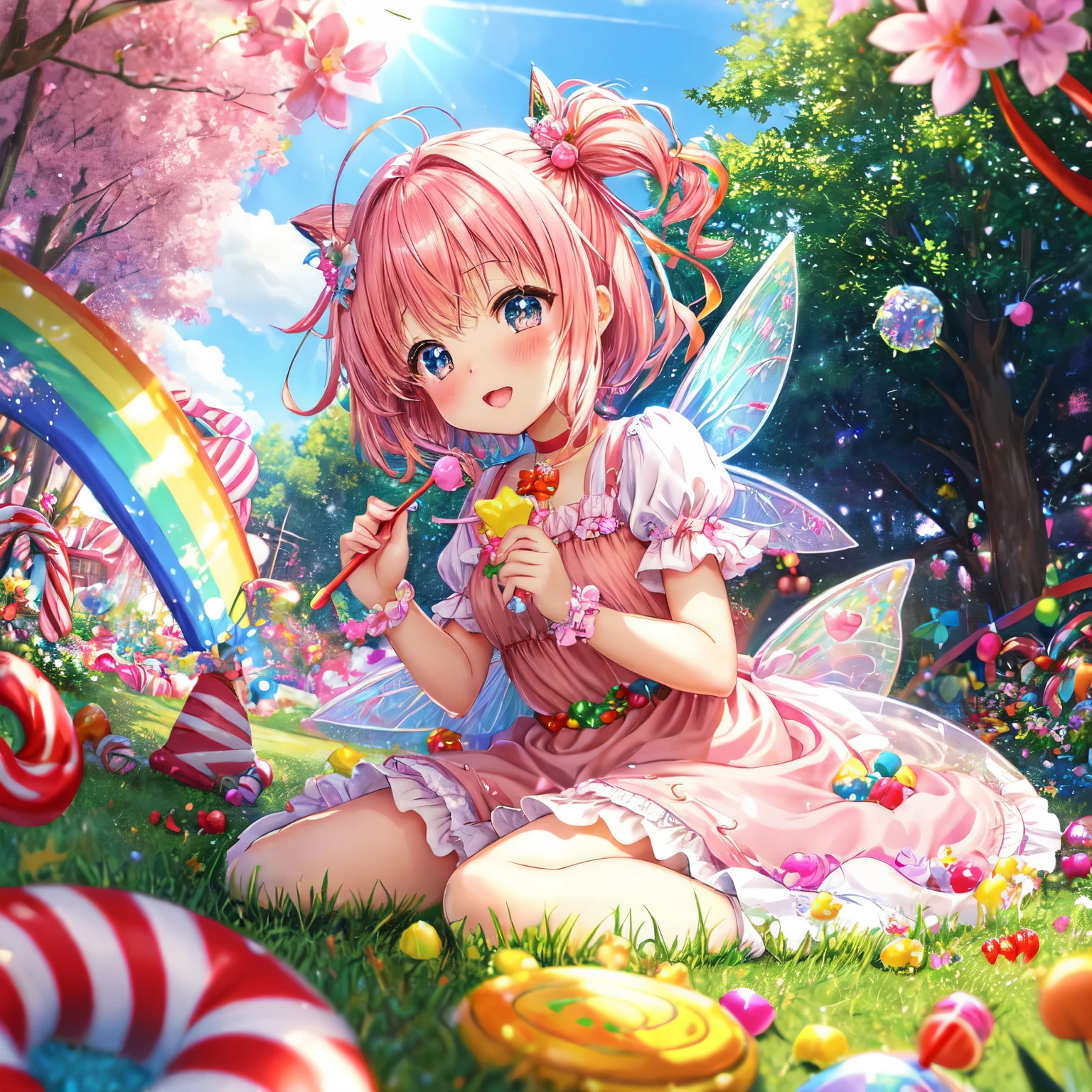 high quality、fairy flower garden、Bokeh、Just、sun、cute kemomimi girl lots of candy, gumdrop, candycanes, rainbow, candy, (a field of candy), 1 girl, queen of sugar, pink dress, a Sceptor of candy