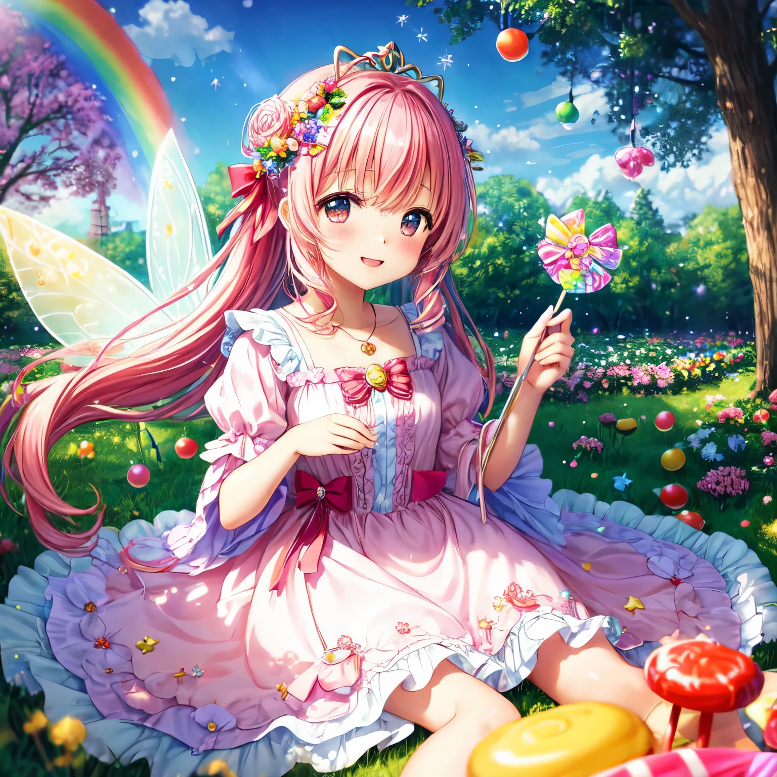 high quality、fairy flower garden、Bokeh、Just、sun、cute kemomimi girl　 lots of candy, gumdrop, candycanes, rainbow, candy, (a field of candy), 1 girl, queen of sugar, pink dress, a Sceptor of candy